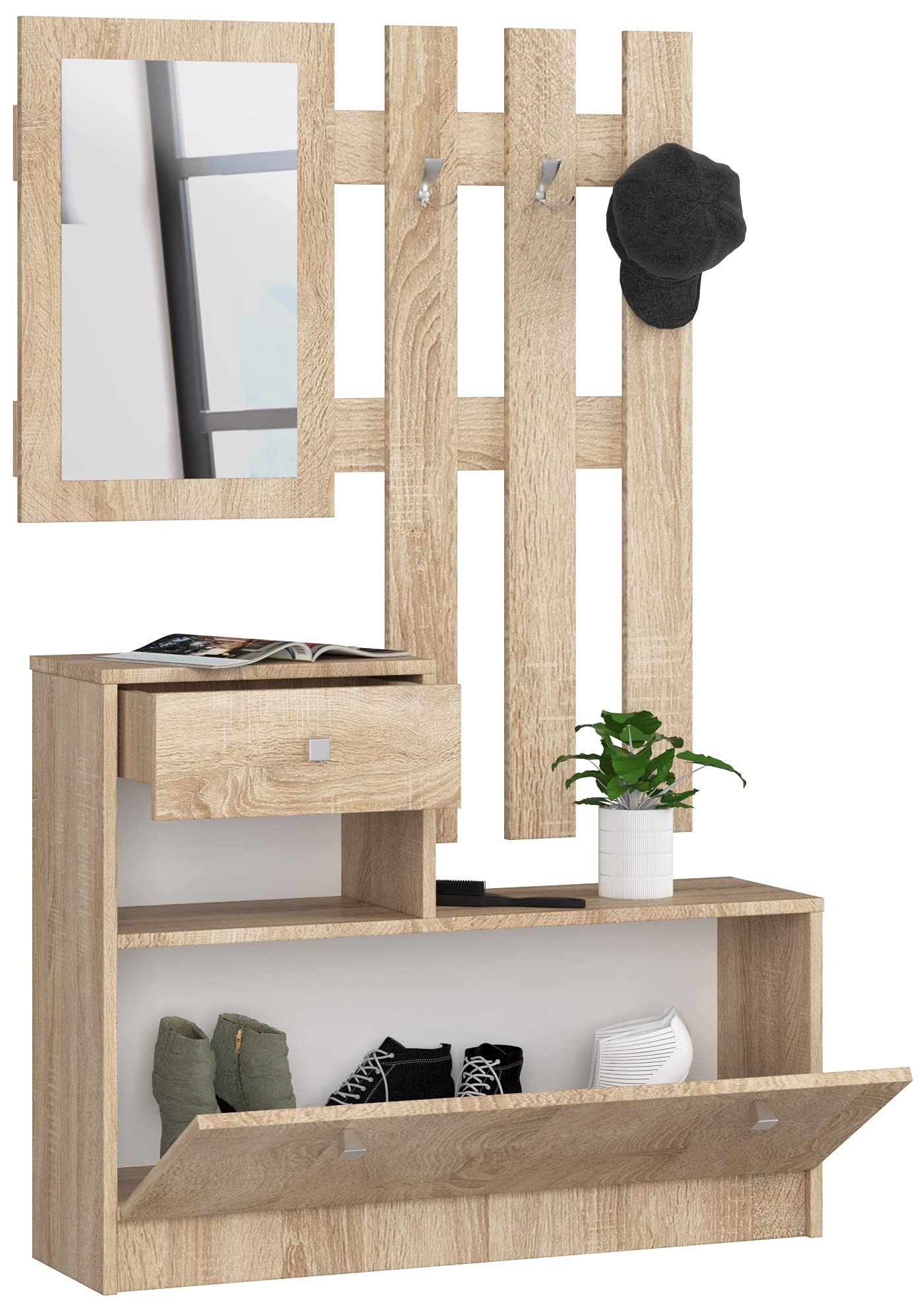 AKORD Ensemble Armoire 2 Parties | Banc Meuble Chaussure avec Cintre et Tiroir | L90 x H70 x P25 cm et Armoire Murale avec Miroir L90 x H100 cm Poids 39 kg | Commode Rangement Chaussures