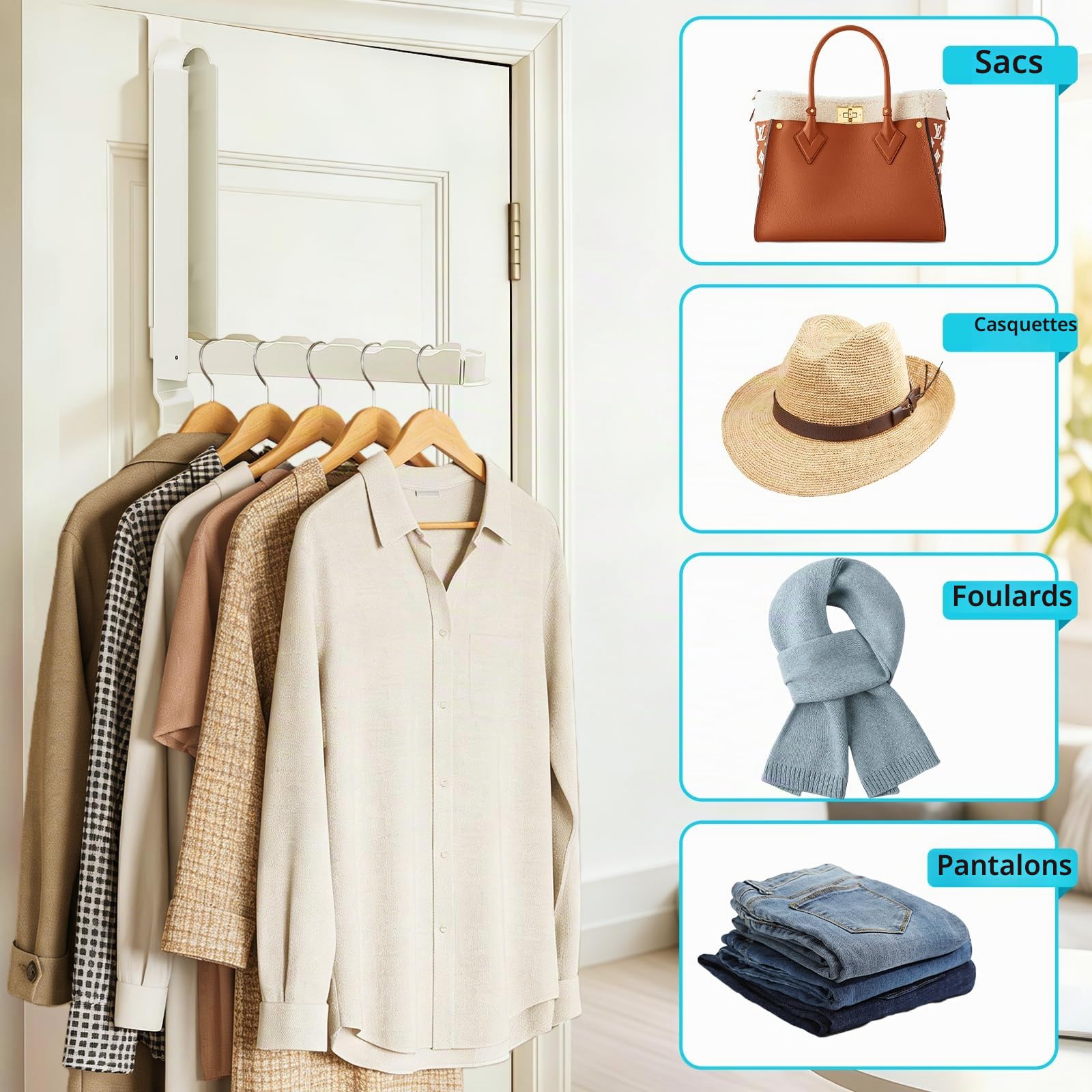 Lot de 2 Porte Manteau Pliable sans Percage, Crochet De Porte en Acier Inoxydable, Rallonges Extensibles, Étendoir à Crochet de Porte pour Accrocher Vêtements,Foulards, Sacs et Couronnes de Noël