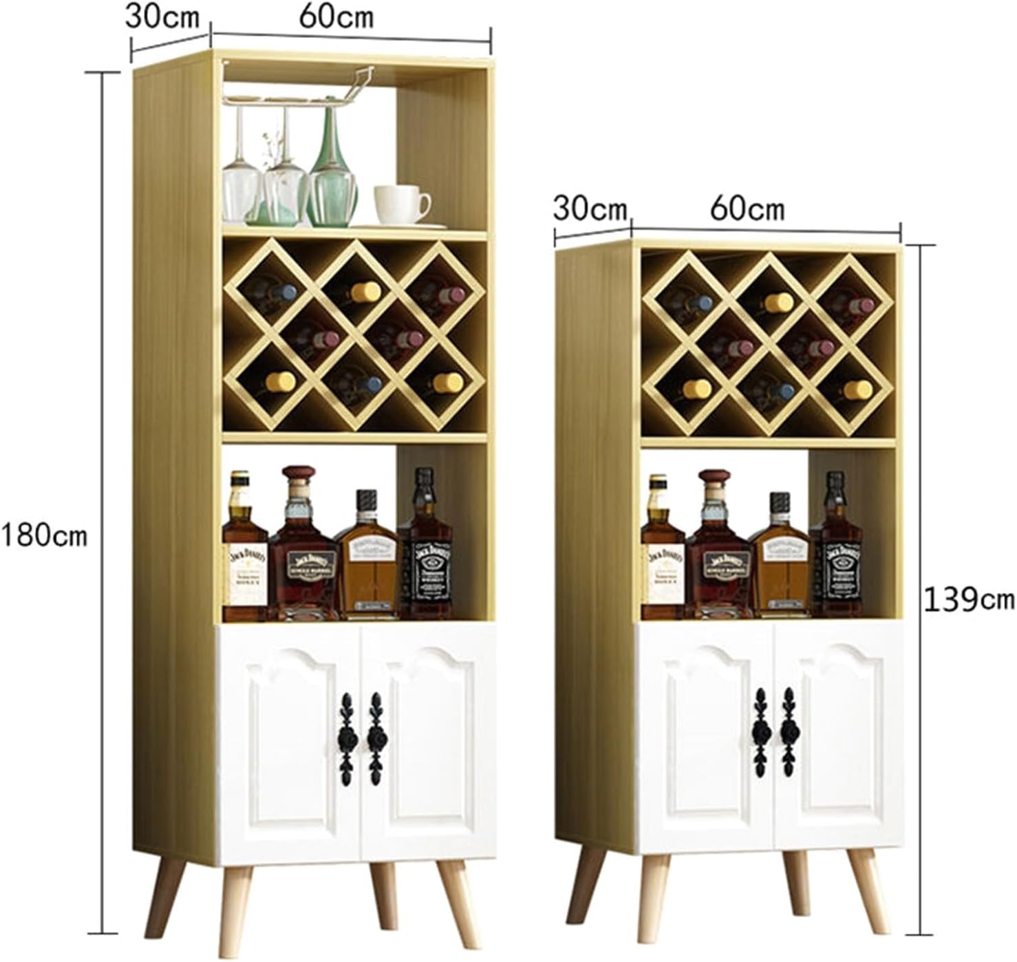 Wine Rack Cupboard with 3/4 Shelves, Freestanding Wine Bottle Holder Storage Organizer Cabinet Holds 8-15 Bottles & Glasses, for Kitchen Bar Dining Room