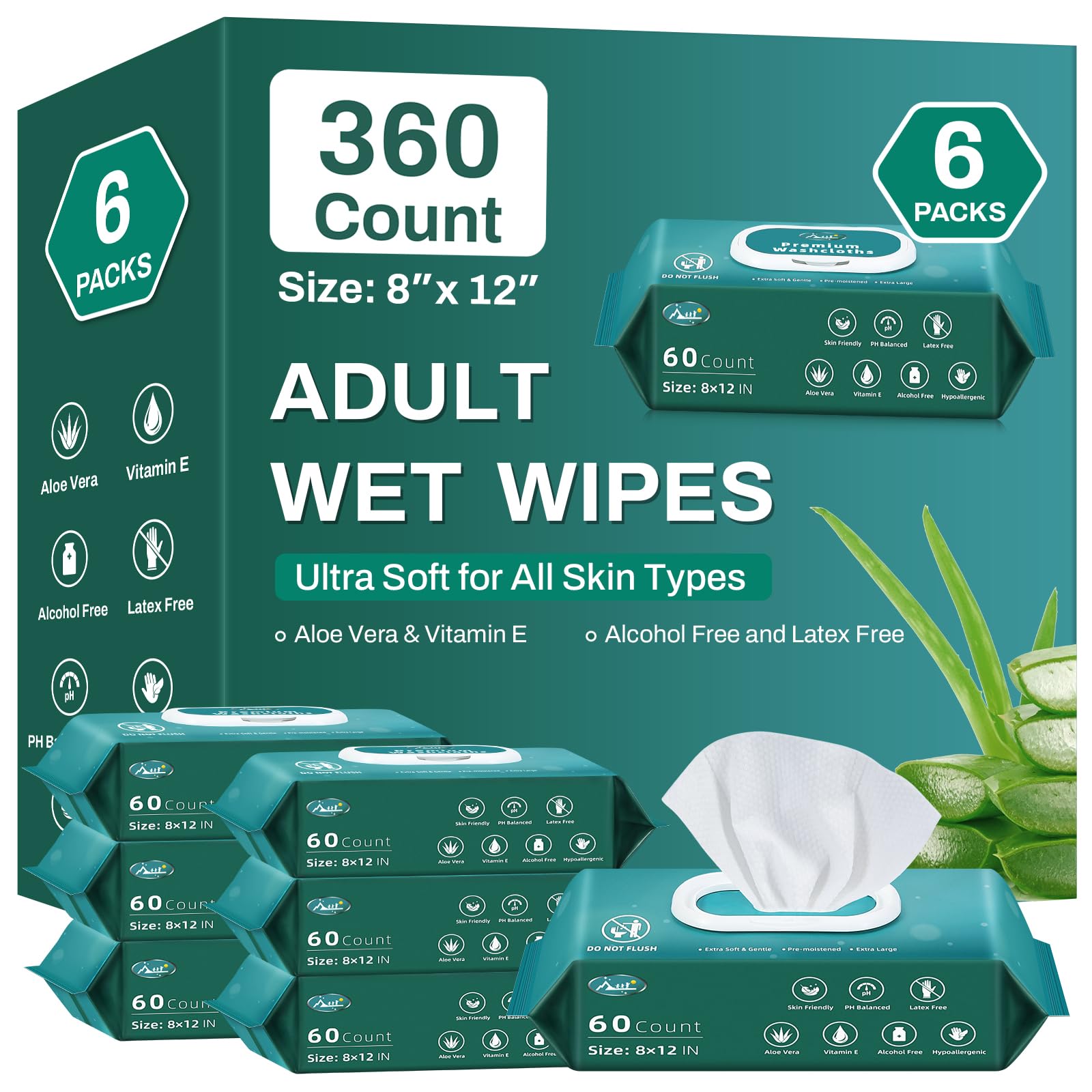 360 Count Adult Wipes for Elderly 8 x 12 Extra Large Adult Wipes for Incontinence Cleansing - Disposable