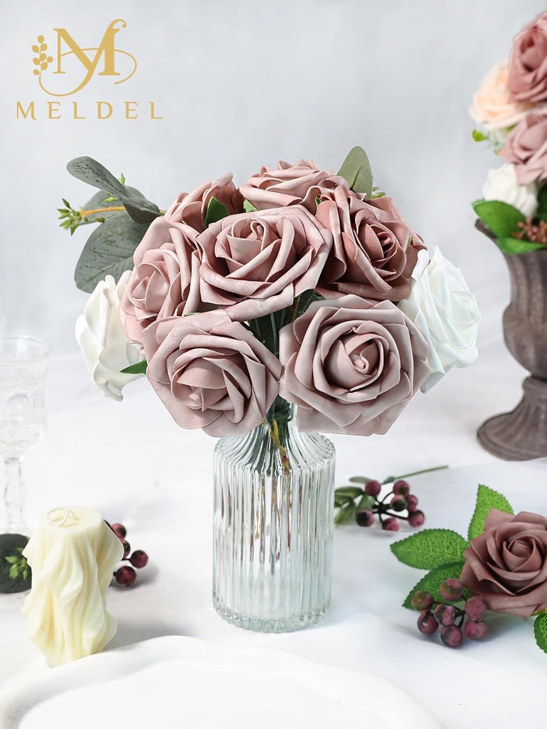 Meldel Artificial Flower 25pcs Real Touch Dusty Pink Rose Fake Foam Roses with Stems for DIY Wedding Bouquets Gifts Bridal Shower Faux Floral Centerpieces Arrangements Home Party Tables Decorations - Image 5