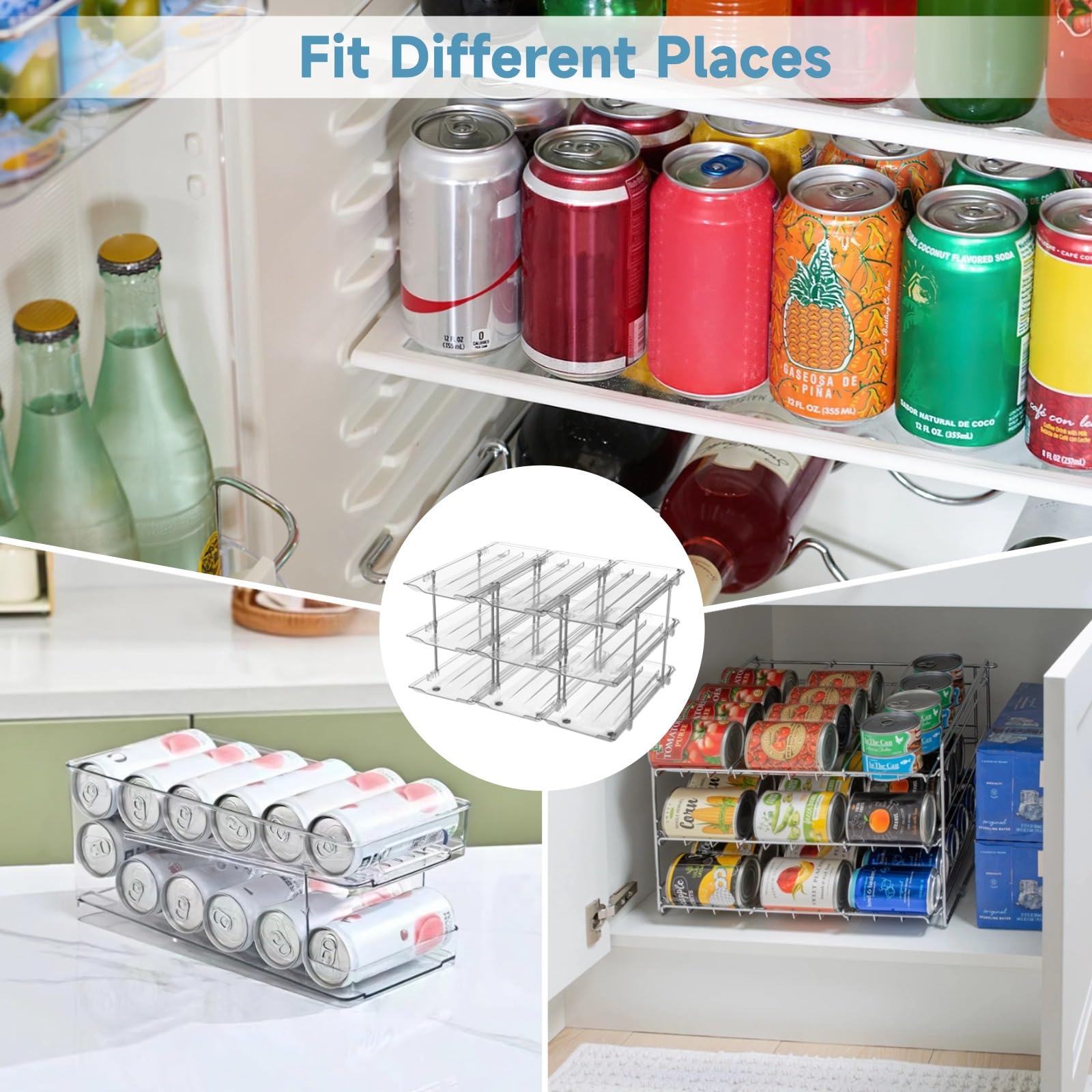 Organizador de latas de despensa, estante de almacenamiento apilable transparente con tres niveles, soporte para bebidas y cerveza, dispensador transparente, configuración modular flexible