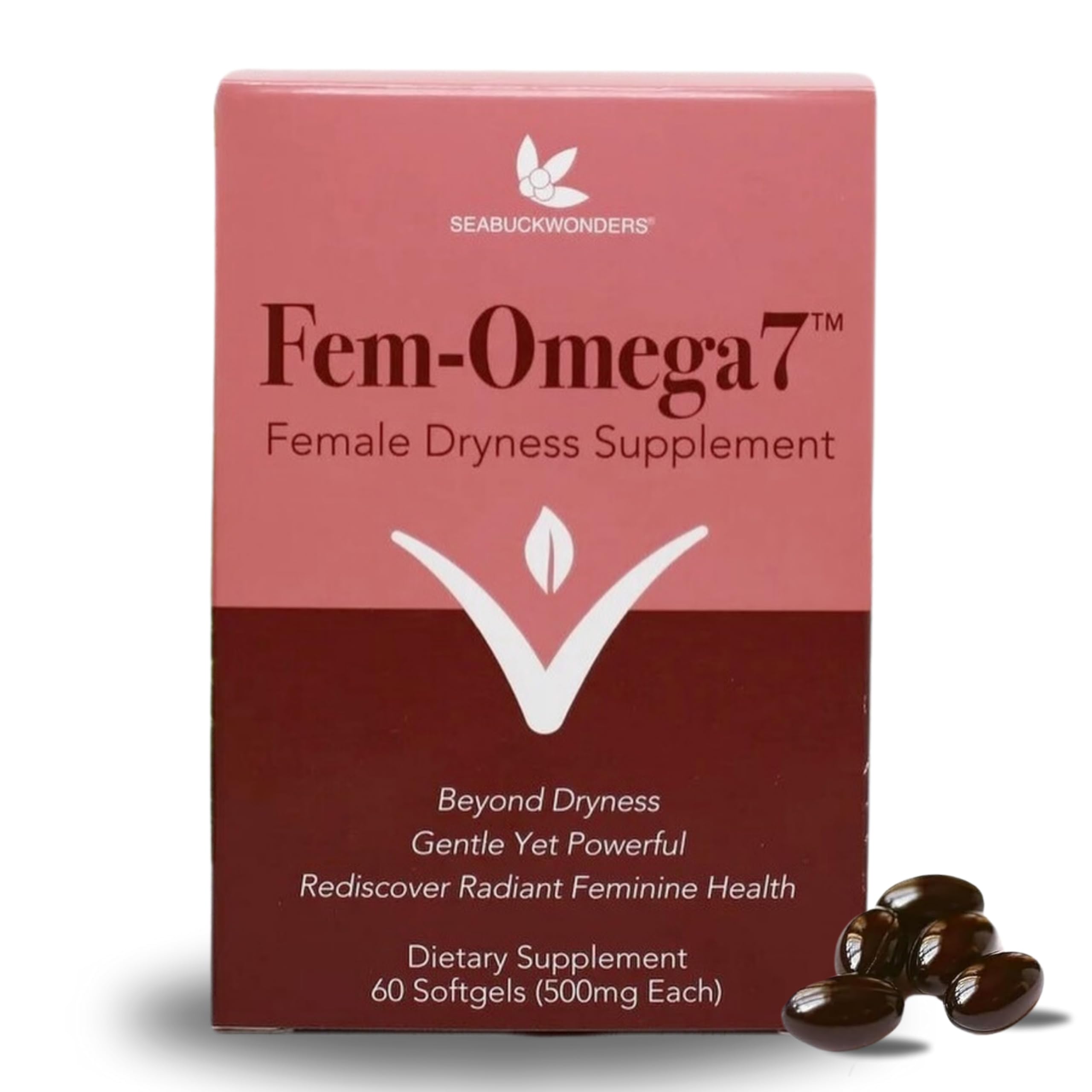 SeabuckWonders Organic Fem-Omega7 Supplement, Vaginal Moisturizer Supporting Female Dryness, 60 Count Softgels