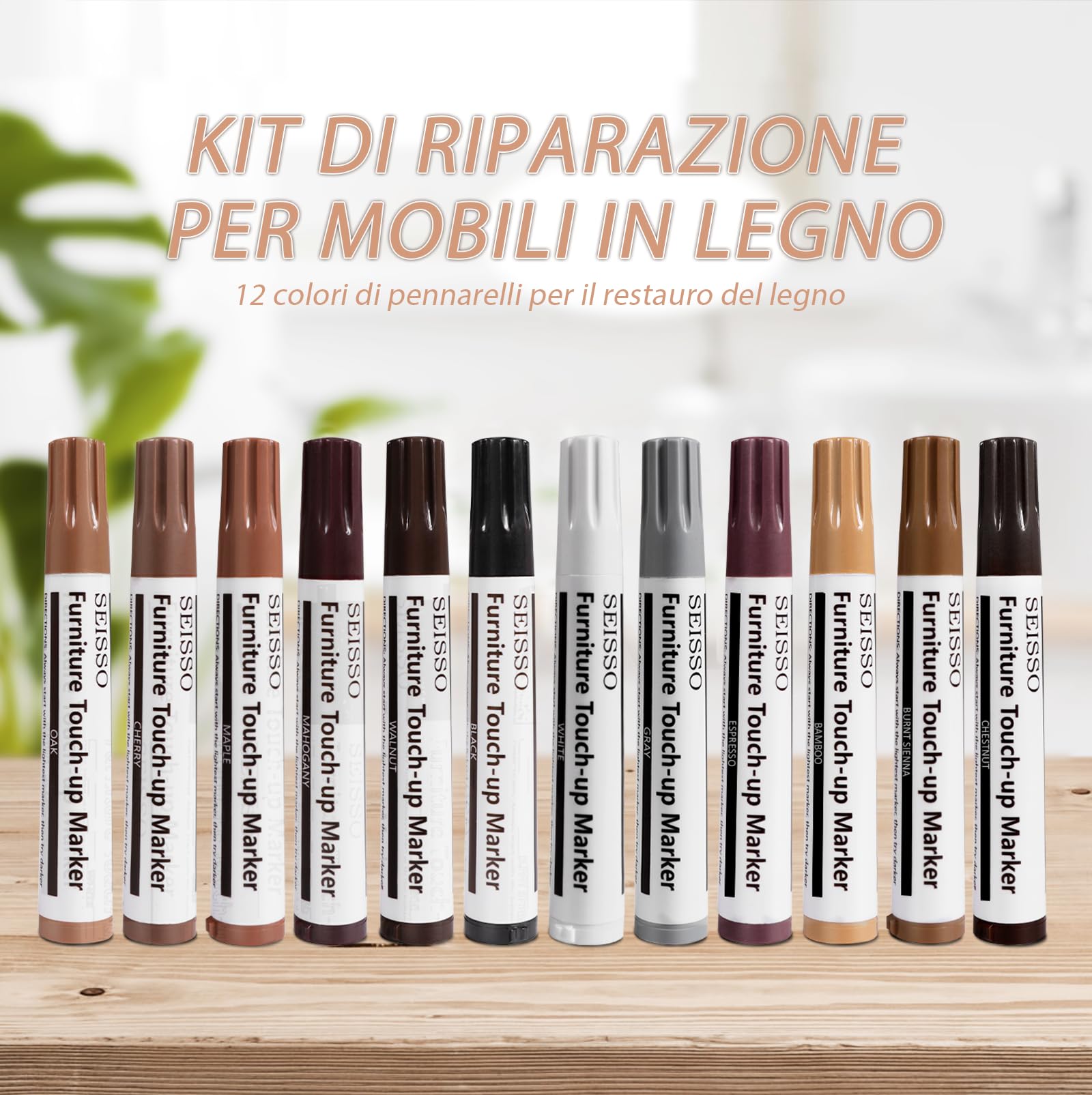 SEISSO Kit di Riparazione per Mobili in Legno, Kit da 12 Pennarelli Ritocco Legno, per Macchie, Graffi, Pavimenti, Tavoli, Scrivanie, Falegnami, Lettini