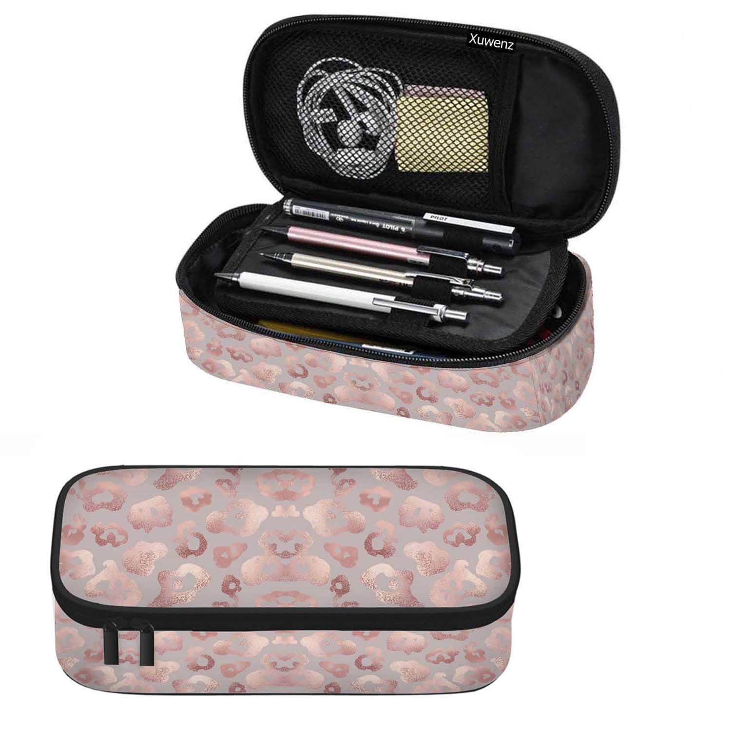 Xuwenz Rose Gold Leopard Pencil Case Organizer Leopard Skin Elegant Texture Beautiful Stationery Box Makeup Box School Supply for Boy Girl Men Women