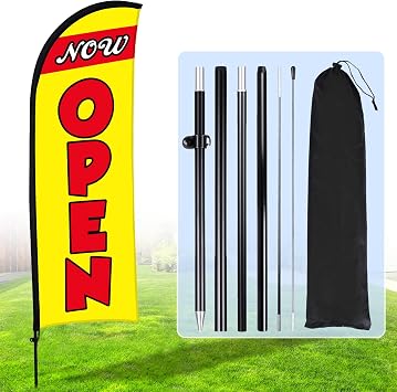 Now Open Flag Banner for Business Advertising 7 x 5.4 ft Feather Flag Sign with Flagpole Ground Stake Portable Bag Opening Signs Banner Set for Outside BusinessYellow