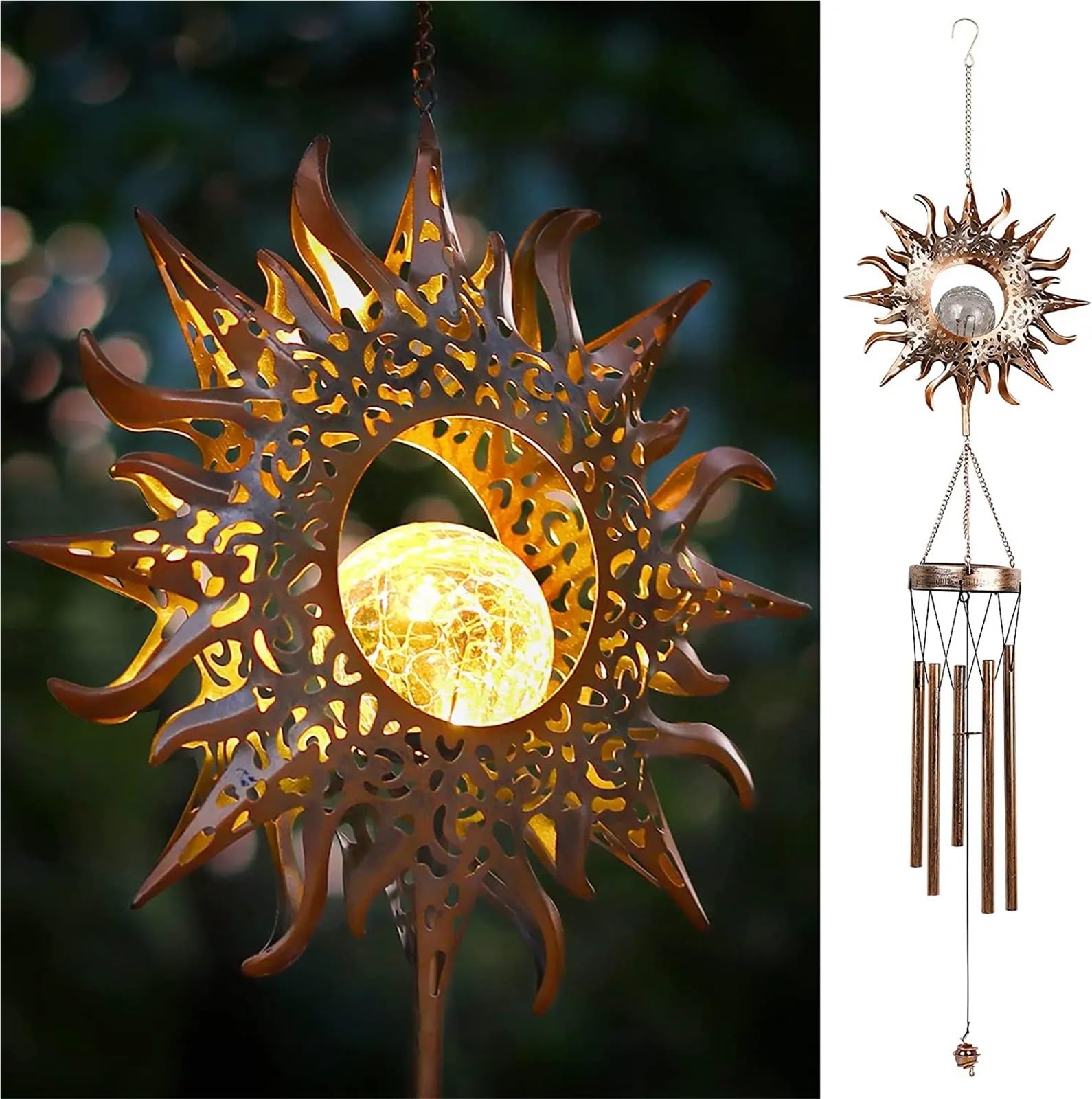 Campanelli eolici in metallo for esterni, con luna, sole e stelle, campane uniche for decorazioni esterne impermeabili for la casa