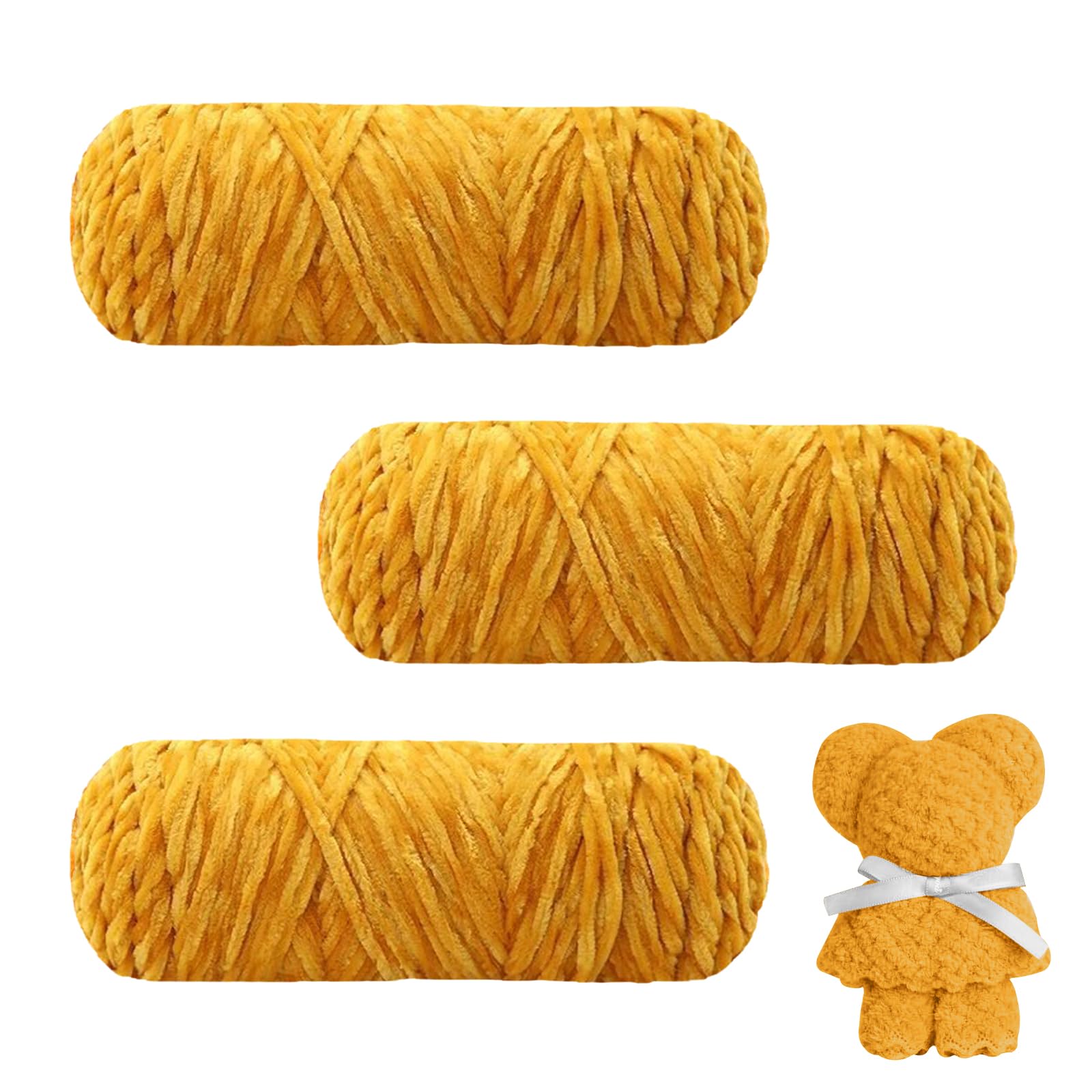 AUAUY Chunky Chenille Yarn, 3 x 100g Super Soft Velvet Yarn for Knitting, Crochet, Blankets, Scarves & DIY Works - Turmeric — image 1