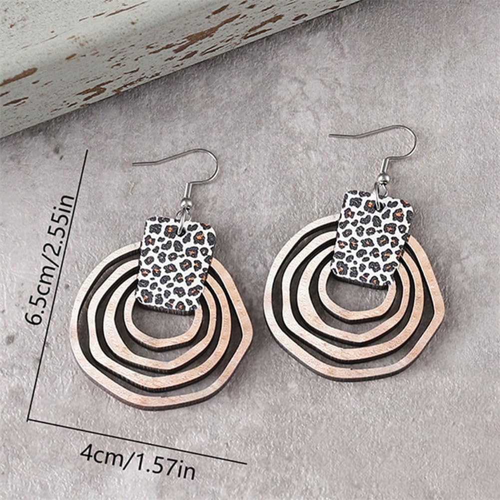 Wooden Geometry Circle Earrings for Women Bohemian Vintage Lightweight Wood Dangle Earrings Handmade Multilayer Earrings - Image 2