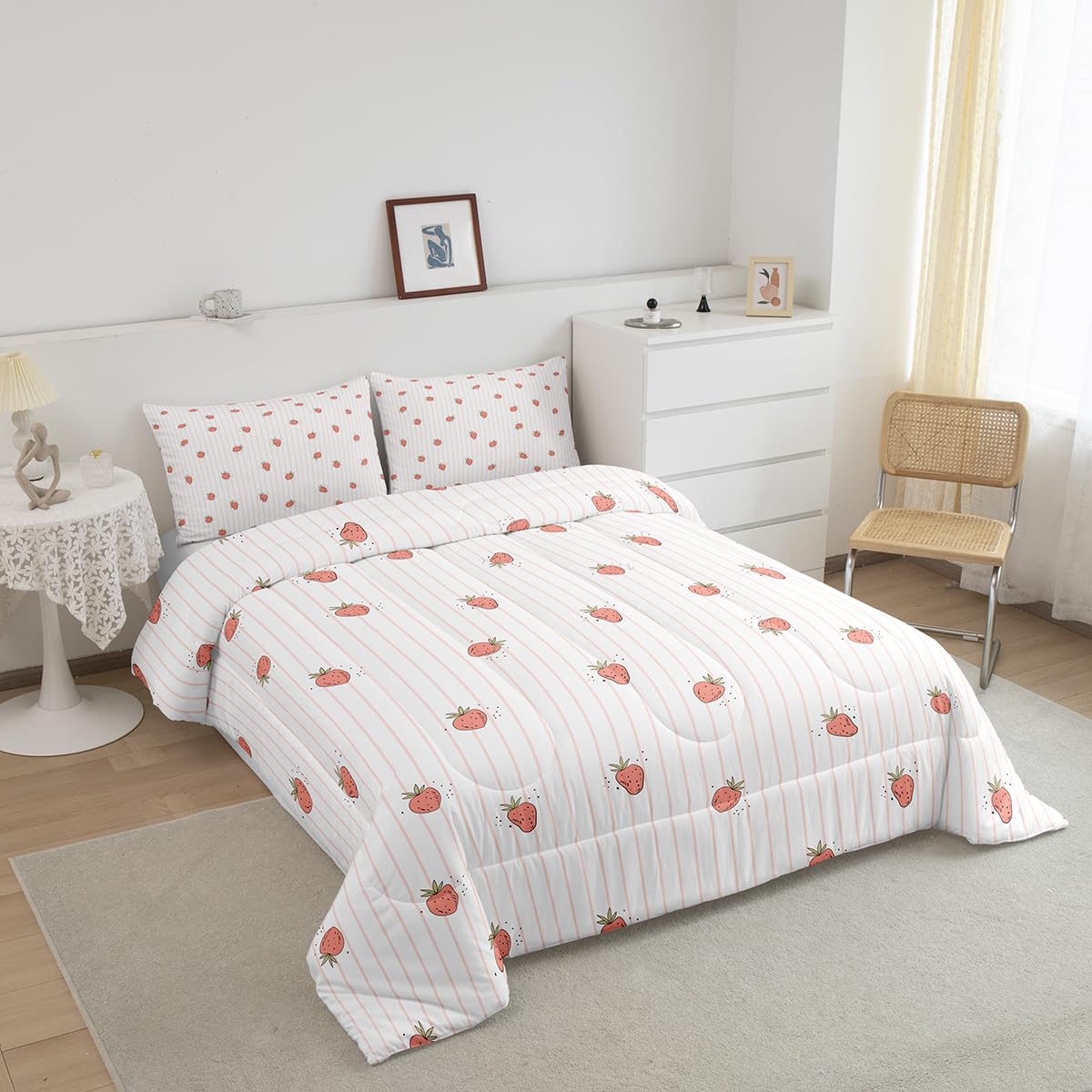 Feelyou Cute Strawberry Comforter Set for Girls Queen Size Kawaii Bedding with 2 Pillowcases