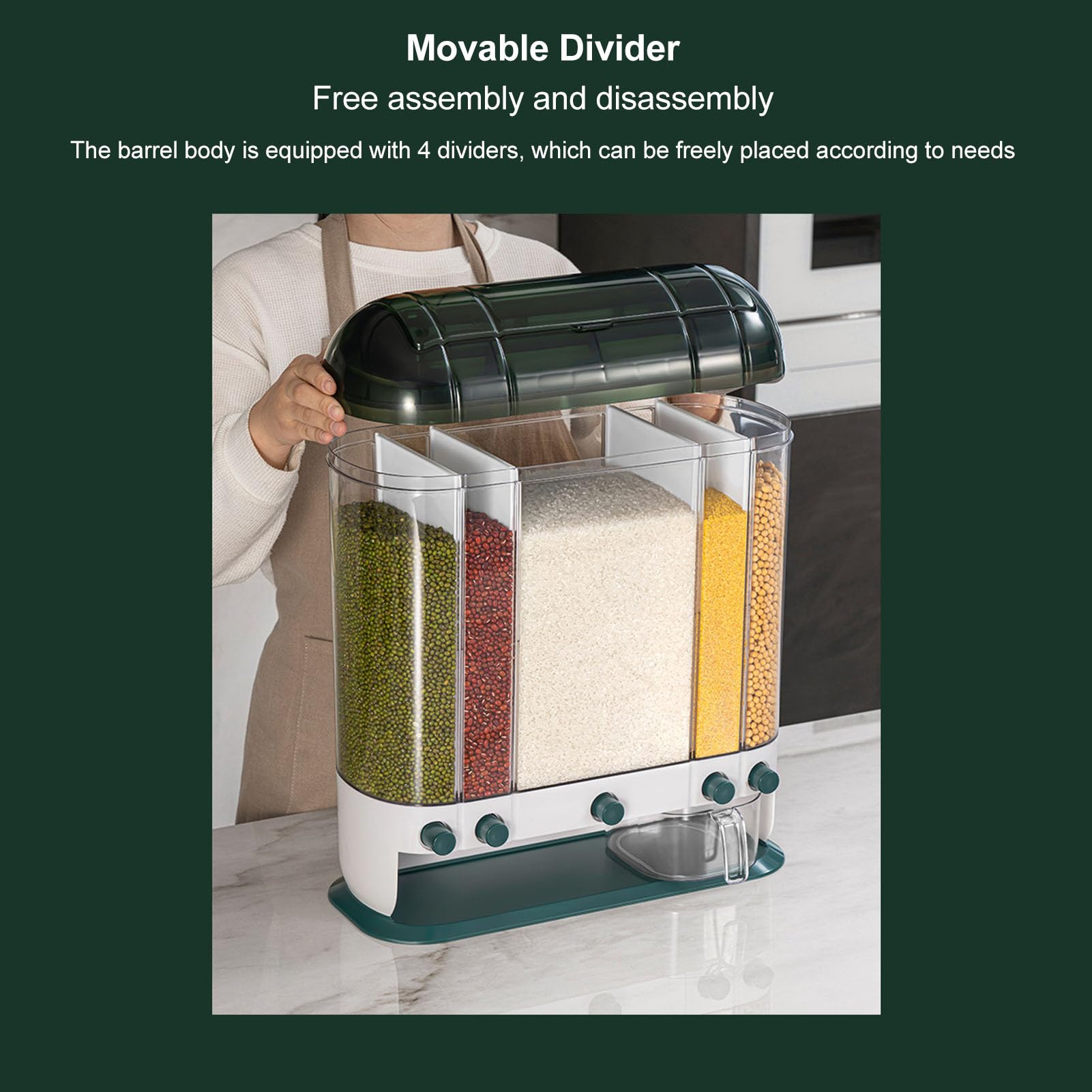 Dispenser di Riso, Contenitore per Cereali Ermetico da 16,5 Kg per Riso con Misurino, Dispenser per Cereali Dal Design Trasparente Contenitori per Alimenti Secchi per Dispensa da