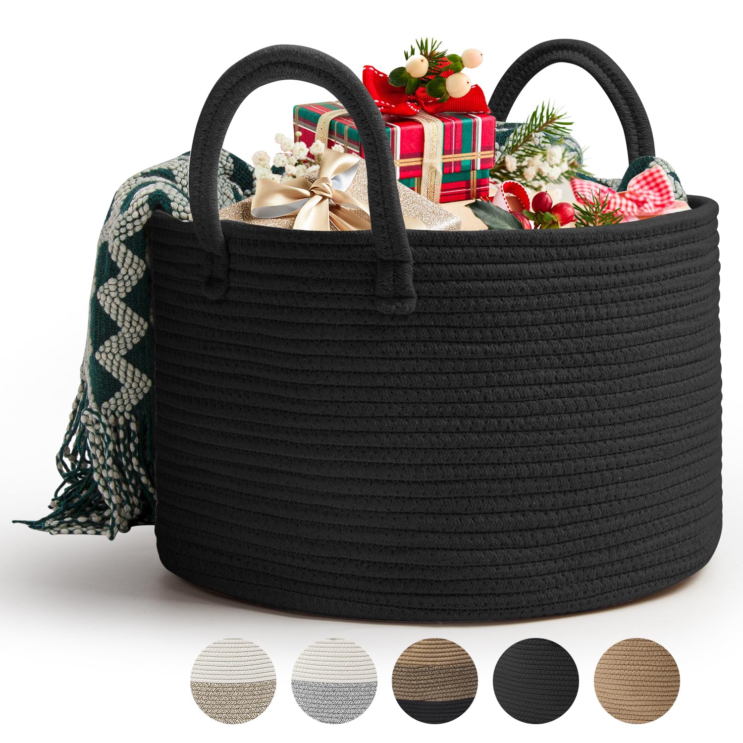32L Blanket Storage Basket D40 x H25 CM Woven Laundry Basket with Handle Storage Basket Braided Foldable for Home Storage and Decoration(Black) - Black 40 x 25 CM (32L)