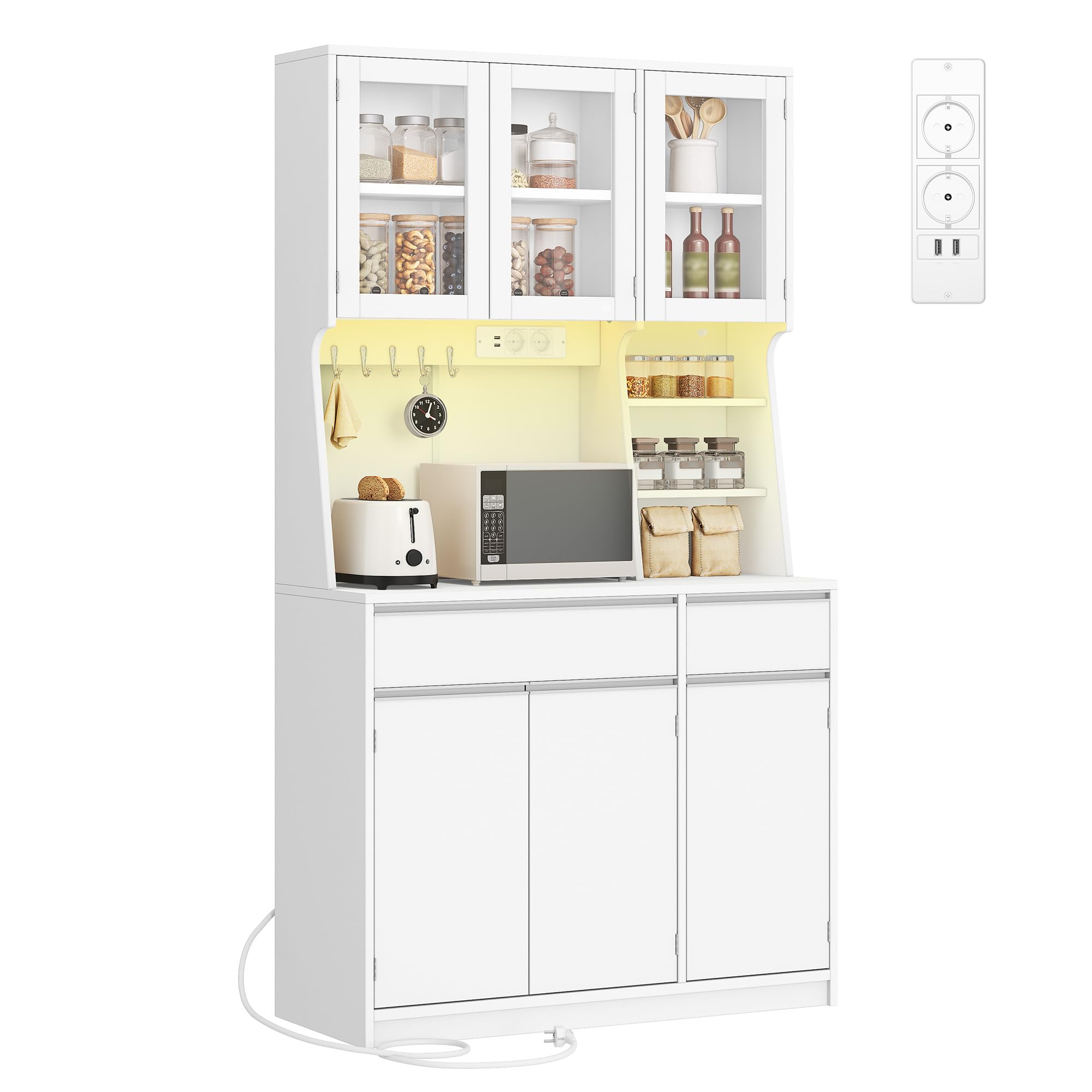 Hzuaneri Alacena de Cocina, Aparador Comedor, Armario Cocina Almacenaje con regleta y Tira de Luces LED, encimera y 2 cajones, estantes Regulables,área culinaria, salón, 40x100x180cm, Blanco