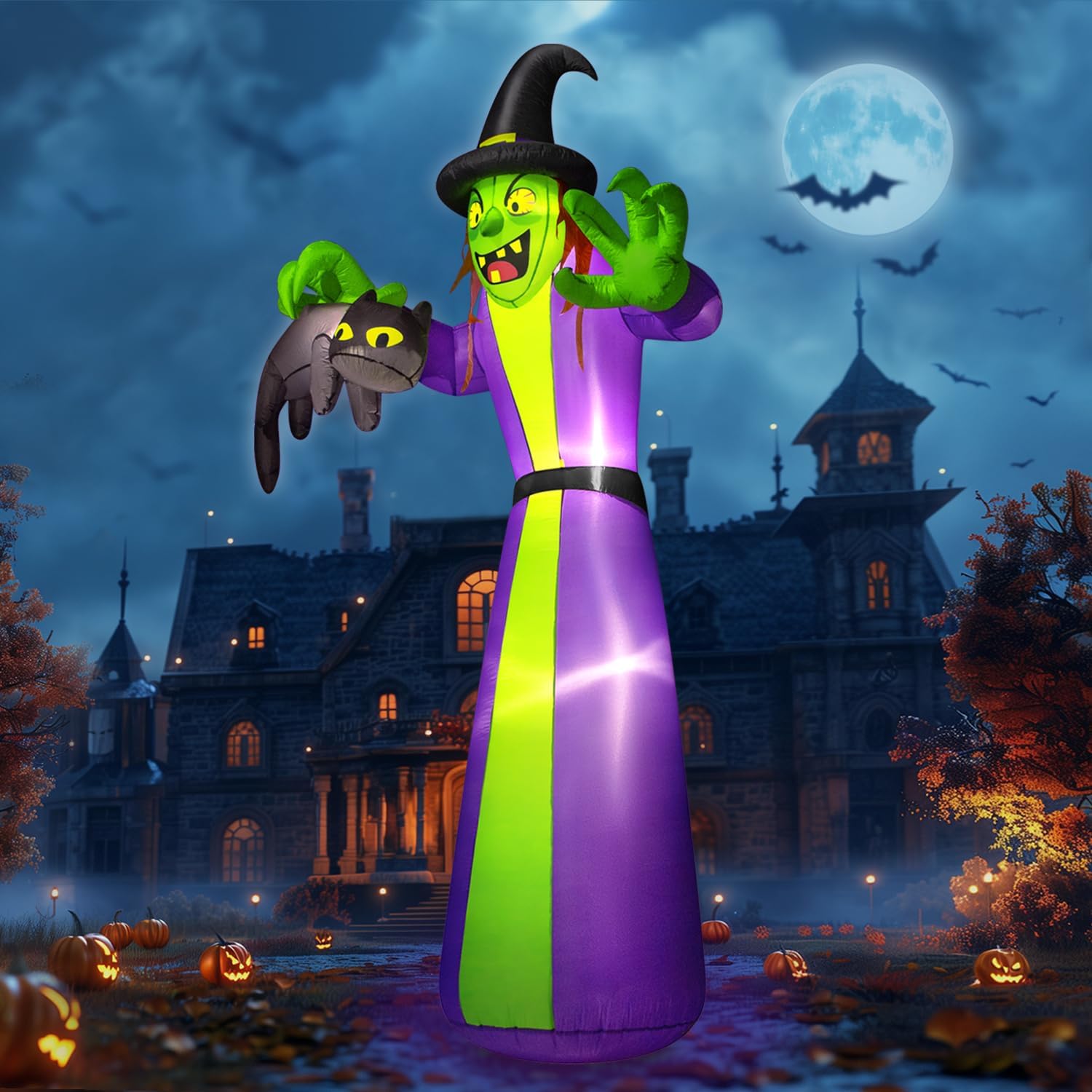 12FT Giant Halloween Inflatables Witch Outdoor Decorations, Huge Halloween Blow Up Spooky Witch Grabbing Black Cat Yard Decoration Built-in LEDs & Strong Blower Large Tall for Lawn Party 12FT Witch Holding Cat