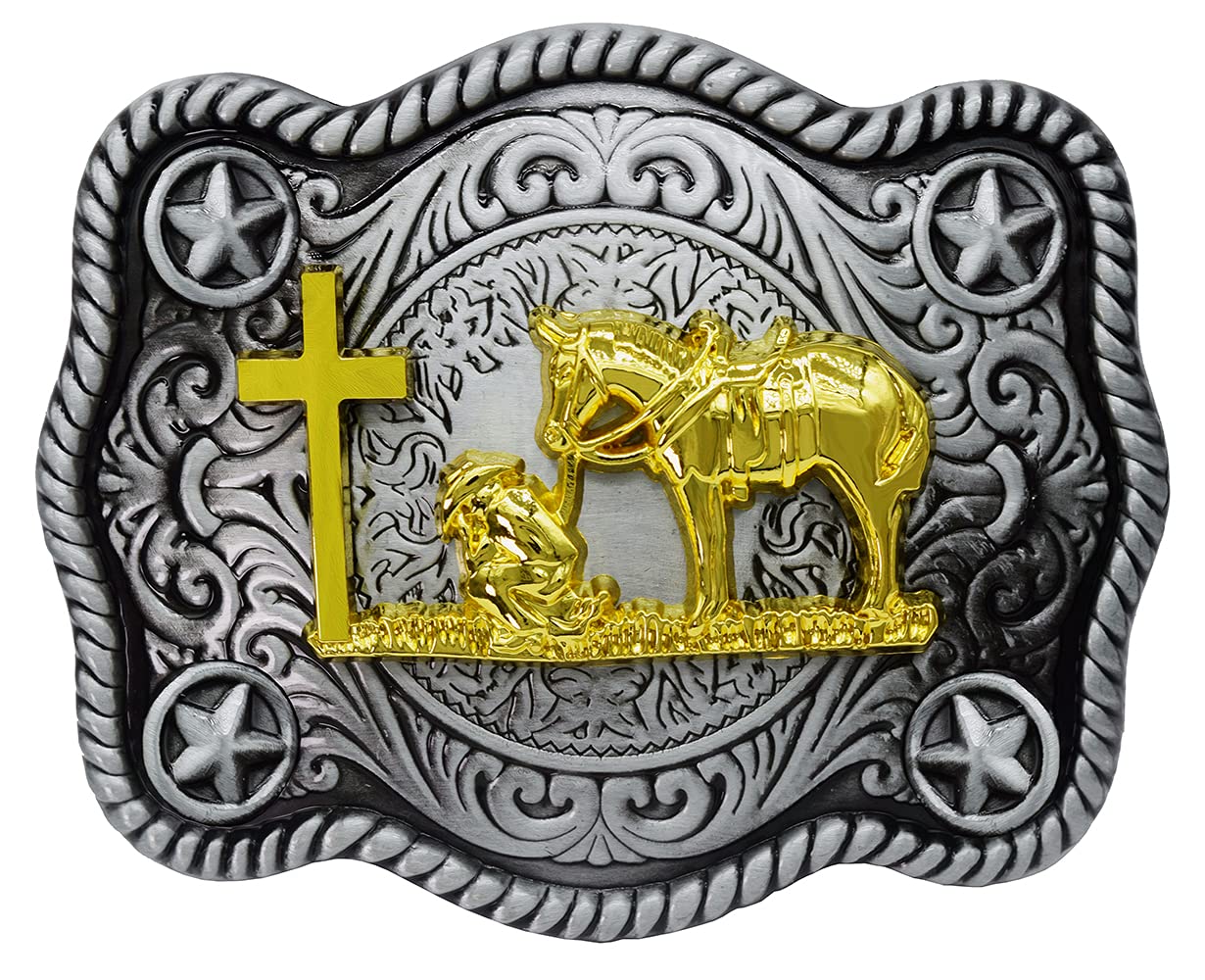 Moranse Cross Cowboy Kneeling Prayer Horse Zinc Alloy Belt Buckles