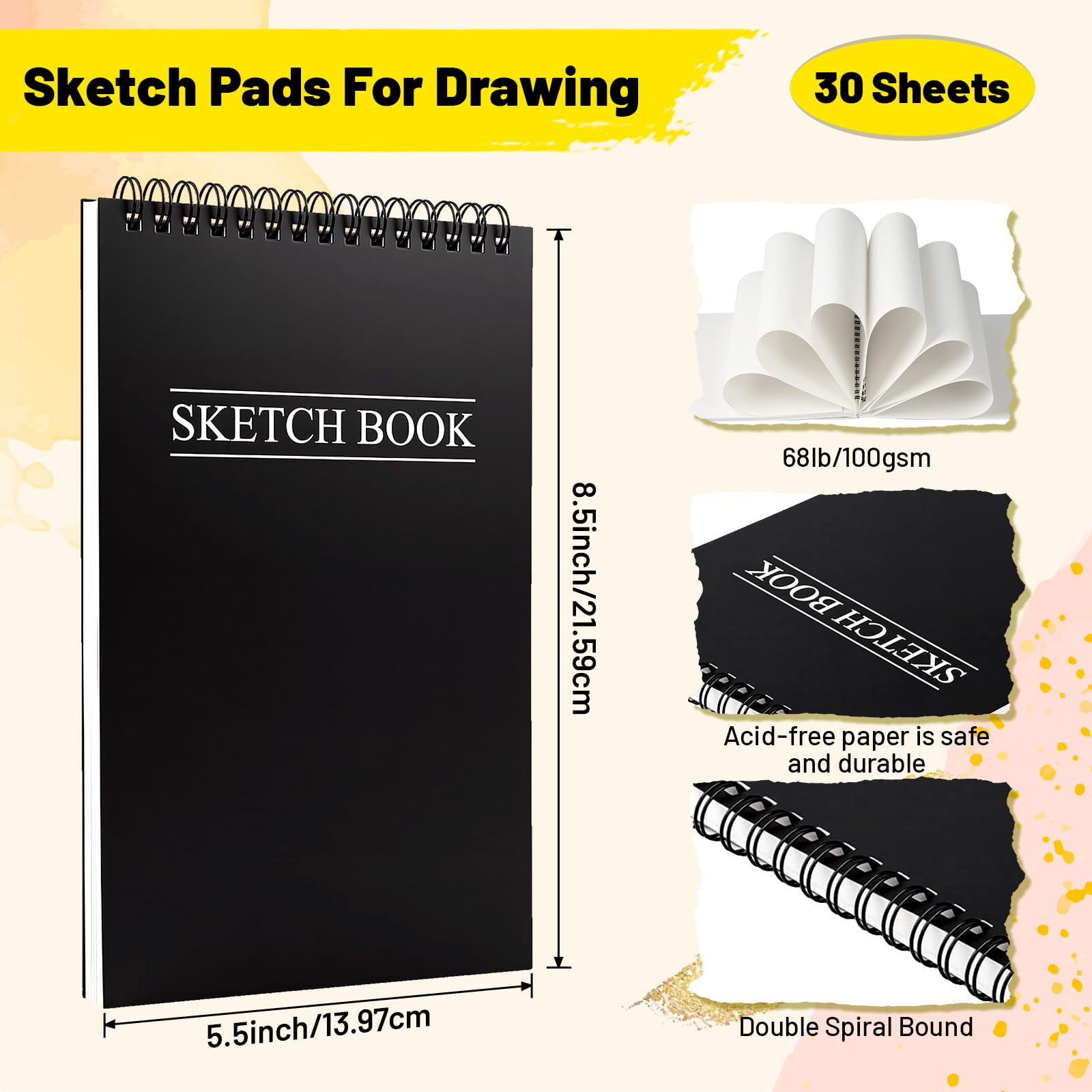 Fulmoon Paquete de 30 cuadernos de bocetos a granel de 5.5 x 8.5 pulgadas, 70 libras/100 g/m², 900 hojas, sin ácidos, cuaderno de bocetos a granel para pintar, bloc de dibujo para principiantes