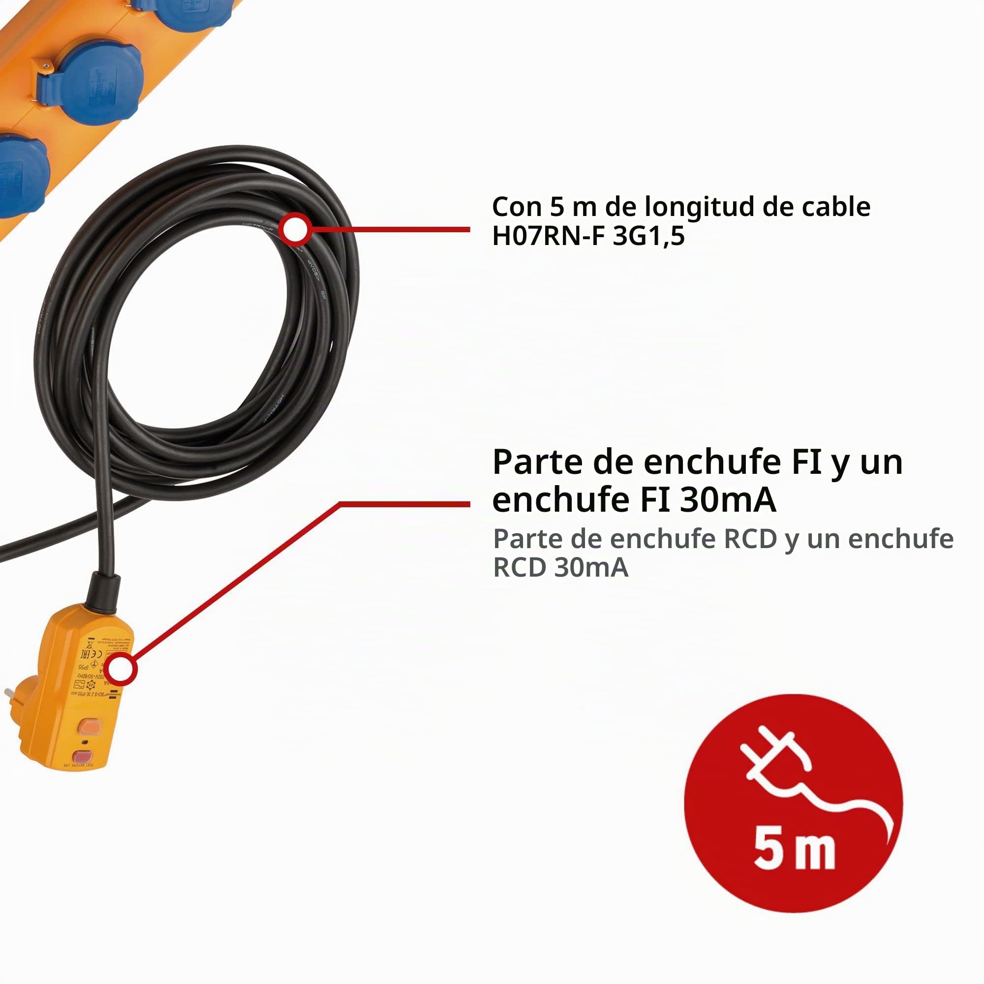 Brennenstuhl Super-Solid SL 554 regleta de enchufes con 5 Tomas Corriente para jardín (Cable de 5 m, con Interruptor de Seguridad, IP54, Clavija FI, para instalación, Uso Exterior) Amarillo