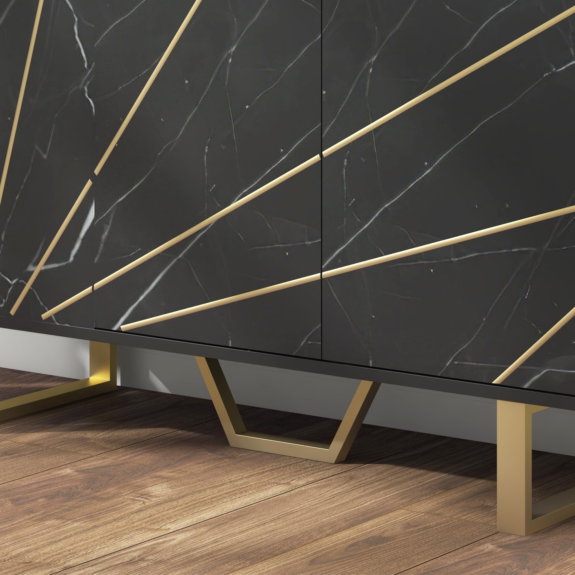 HOMCOM Aparador Moderno 2 Puertas Antivuelco 107x35x75 cm Negro y Dorado | Aparador de Salón, Estante Ajustable, Mueble Auxiliar para Salón, Efecto Mármol