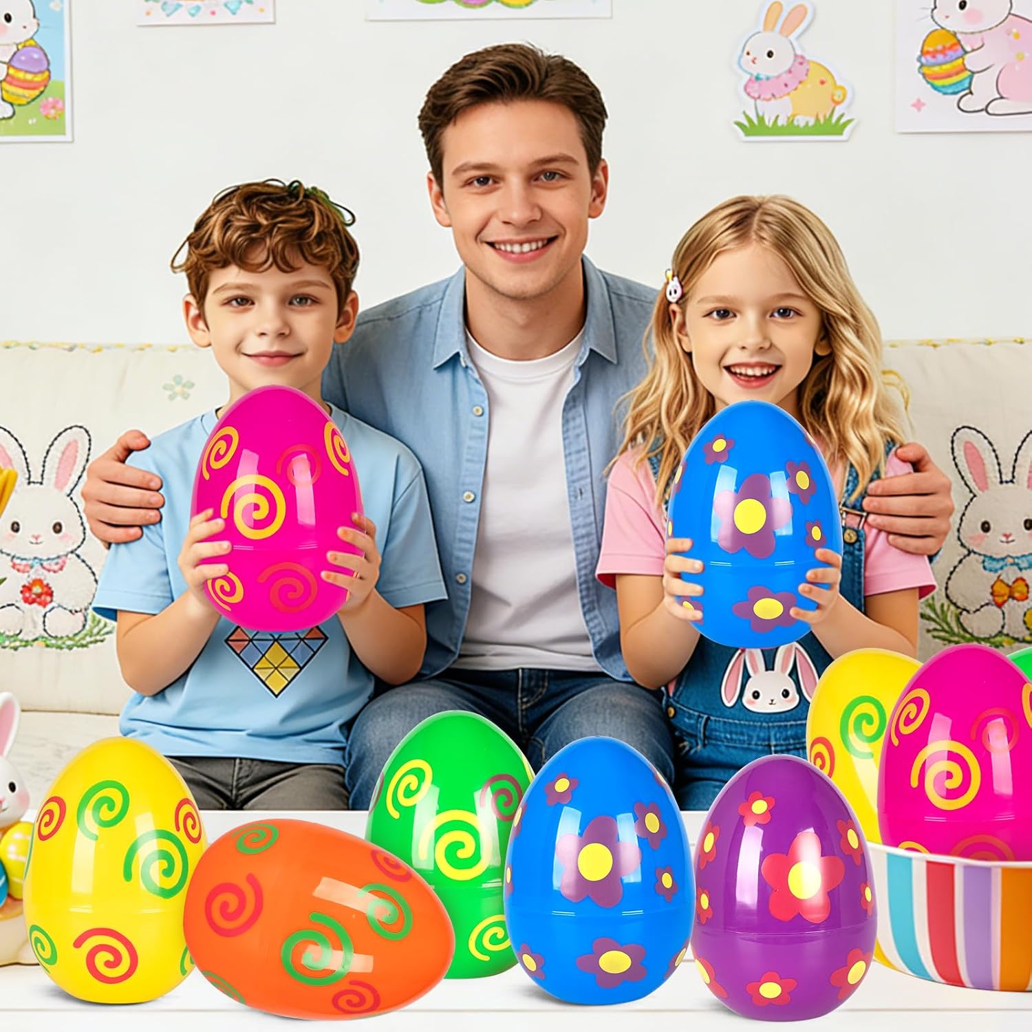 12 PCS 6" Jumbo Plastic Printed Easter Eggs, Giant Empty Easter Eggs Fillable Colorful Bright Eggs Bulk for Kids Boys Girls Classroom Prizes Easter Basket Stuffers Party Favors