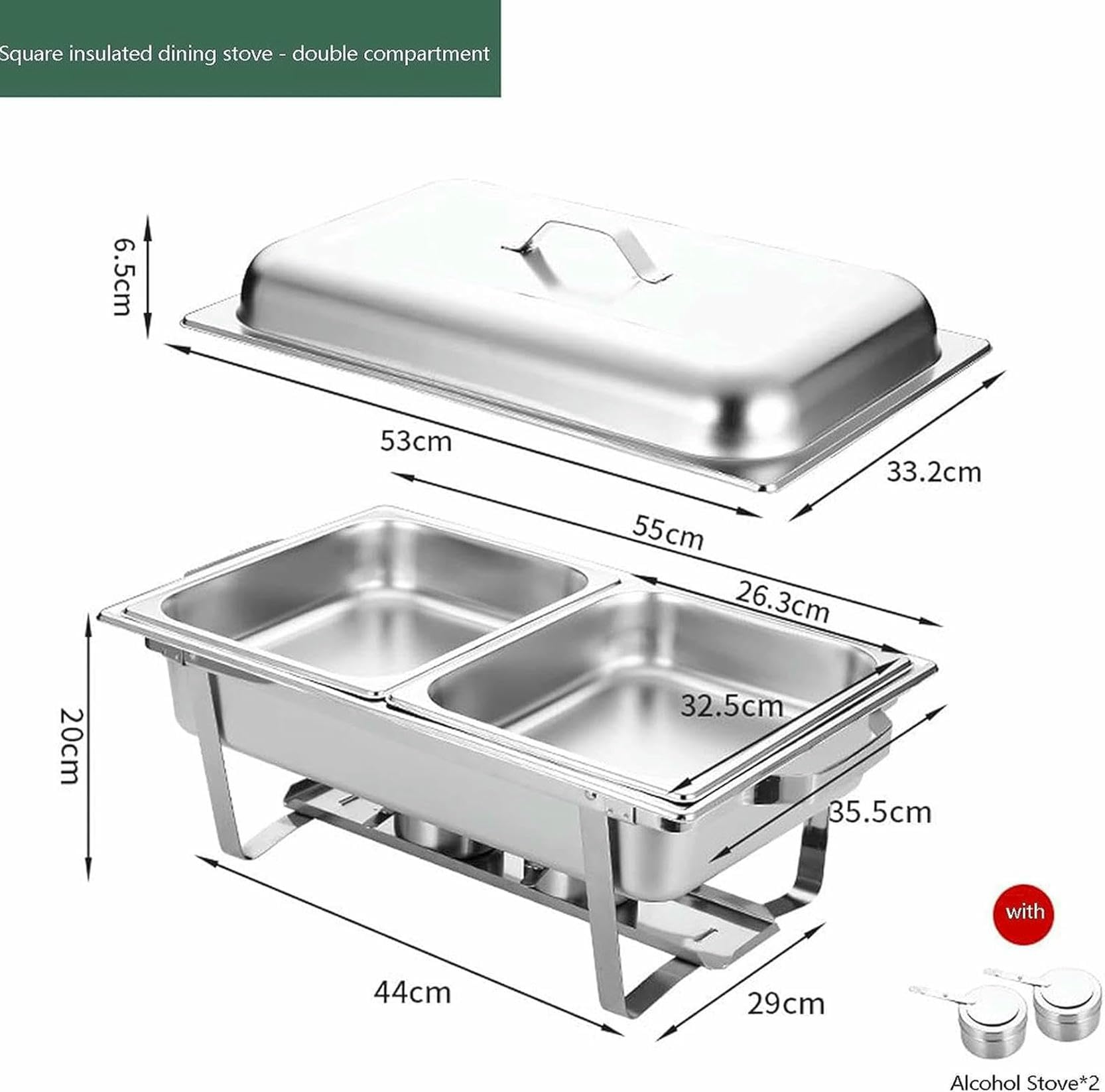 Bandeja calefactora de acero inoxidable for bufé, con tapa, de acero inoxidable, juego de bufé con olla caliente, calentador de alimentos con tapa de acero macizo y soporte for banquetes de bodas(Doub
