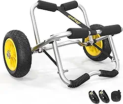 Bonnlo Canguru universal de caiaque – Carrinho para transporte de caiaques, canoas, paddleboards, tapetes flutuantes e Jon Boats – roda de pneus sólidos sem inflação, 2 alças de catraca