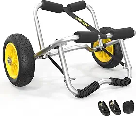 Bonnlo Canguru universal de caiaque – Carrinho para transporte de caiaques, canoas, paddleboards, tapetes flutuantes e Jon Boats – roda de pneus sólidos sem inflação, 2 alças de catraca