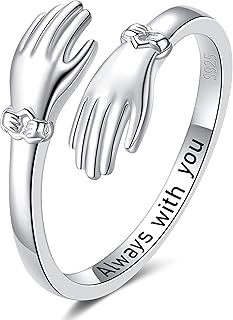 Hug Ring Sterling Silver Adjustable Hugging Rings for Loved Ones Stacking Finger Hug Rings for Women - Hug You Hand In Hand Rings Jewelry Gifts for Mom Daughter Friends, Sterling Silver, Cubic Zirconia