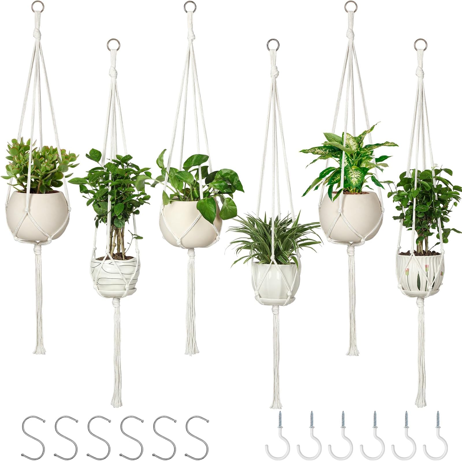 AOMGD 6 Pack Macrame Plant Hanger Indoor Hanging Planters for Indoor Outdoor Plants with 6 S Hooks and 6 Hook Nails, Hanging Plant Holder 43" Boho Home Decor,Ivory