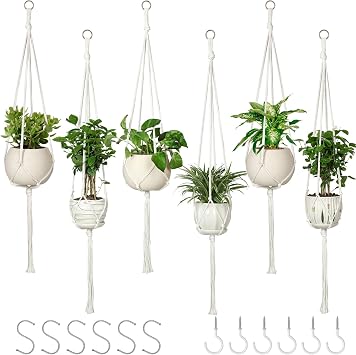 AOMGD 6 Pack Macrame Plant Hanger Indoor Hanging Planters, 43", Ivory | Indoor Outdoor, Includes 6 S Hooks and 6 Hook Nails, Hanging Plant Holder, Boho Home Decor