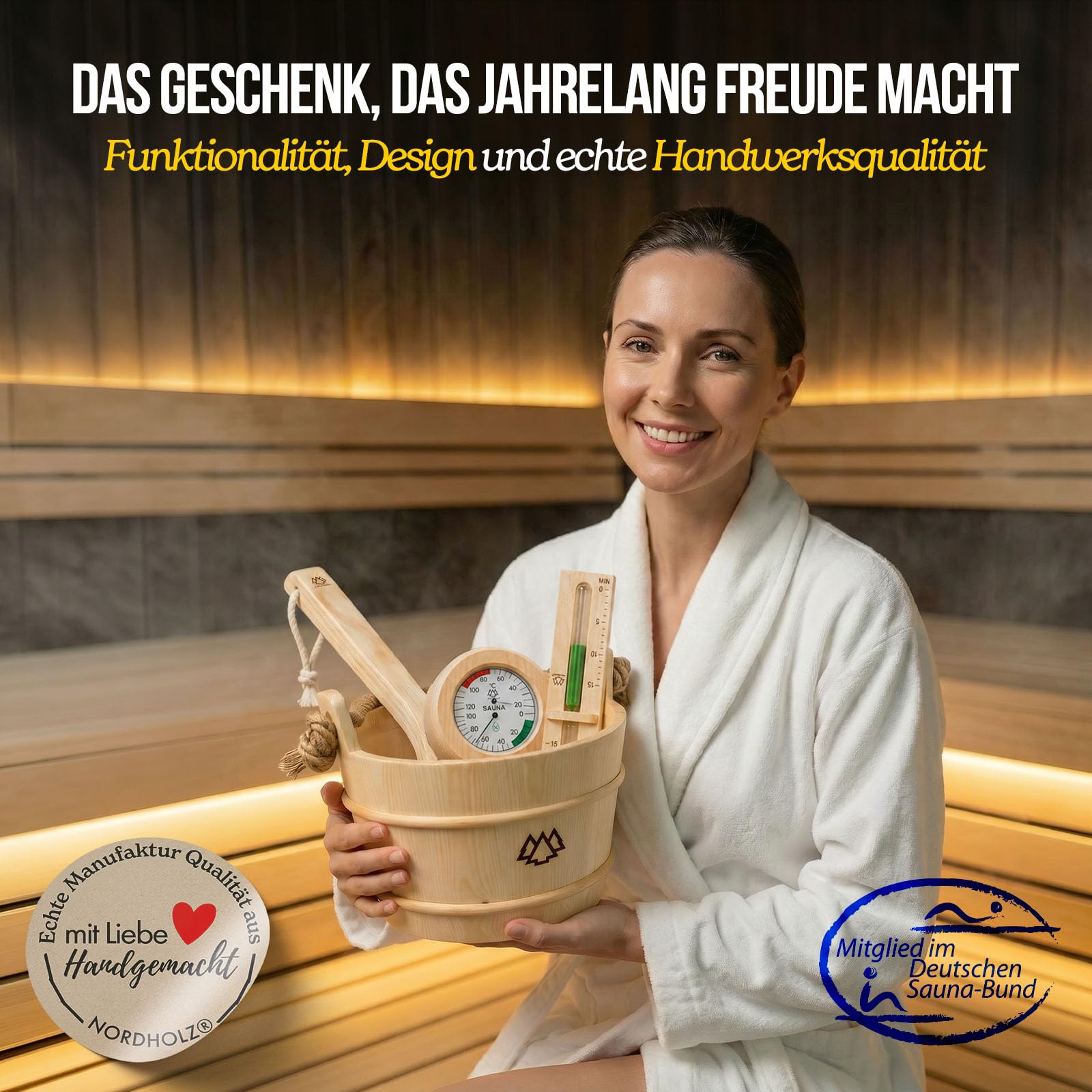 NORDHOLZ® Sauna Zubehör Set XXL [inkl. 5x100ml Sauna Aufgussmittel + 100g Mentholkristalle] Sauna Eimer mit Sauna Sanduhr & Sauna Hygrometer - Sauna Zubehör Geschenk + 3 Ätherische Öle je 15ml