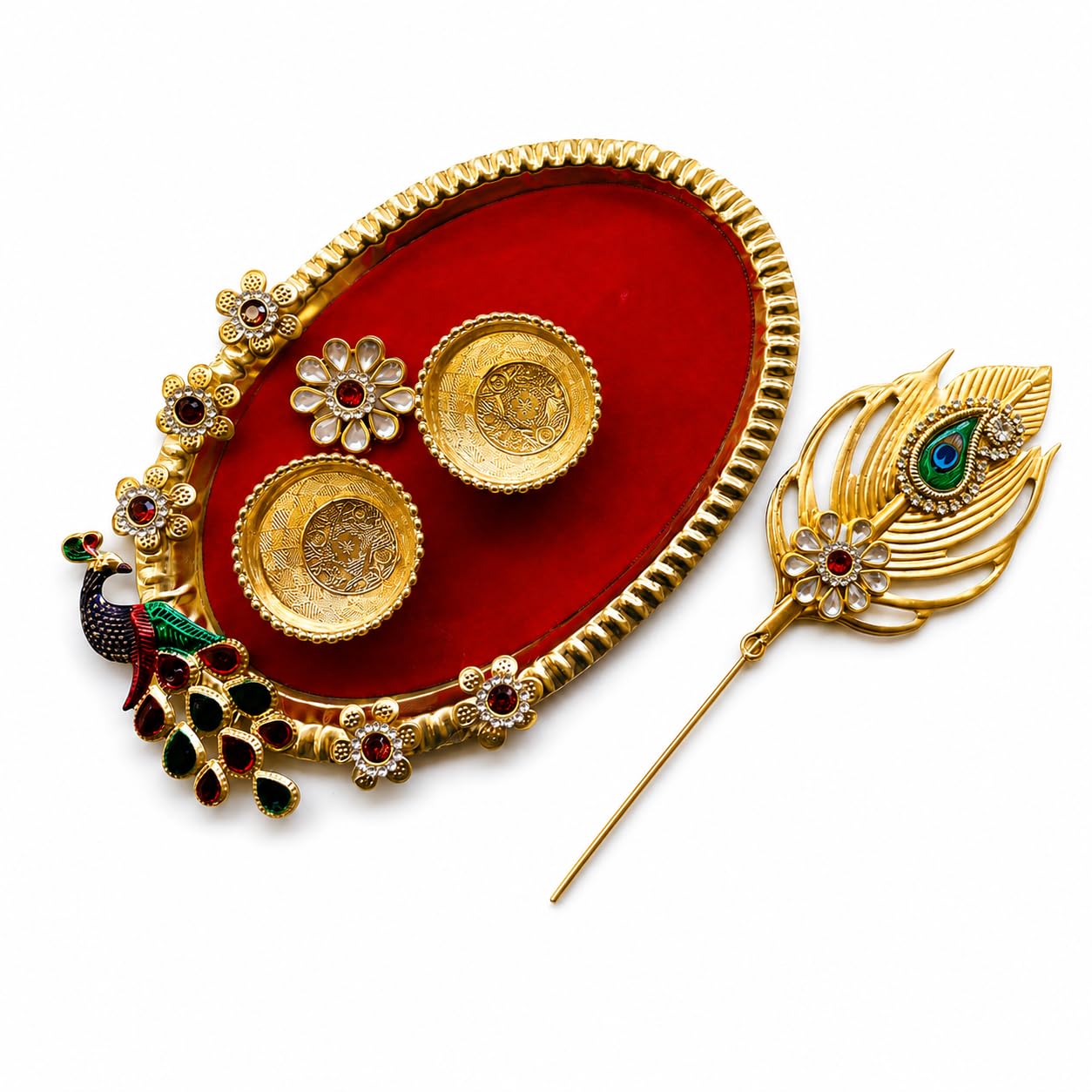 KRAFTORACREATION Decorative Pooja Thali Set with Kumkum Holders & Peacock Feather Tilak Stick | Traditional Puja Plate for Diwali, Navratri, Temple, Home Mandir & Gifting-image-41