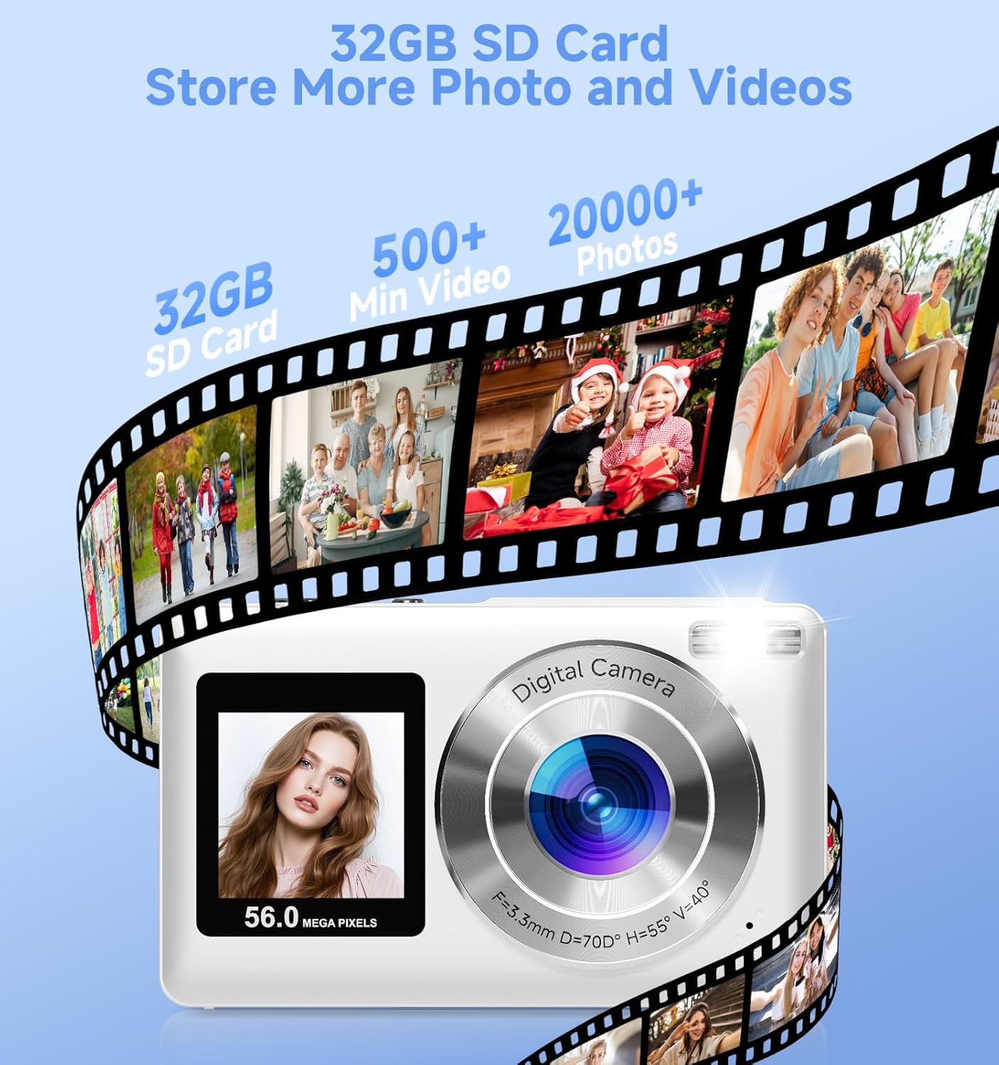 Digital Camera, 2026 Upgraded 56MP Dual-Screens Selfie Digital Camera, Small Cameras with 32GB SD Card Smile Capture, Compact Digital Cameras with 16X Digital Zoom for Beginners Kids Teens Girls