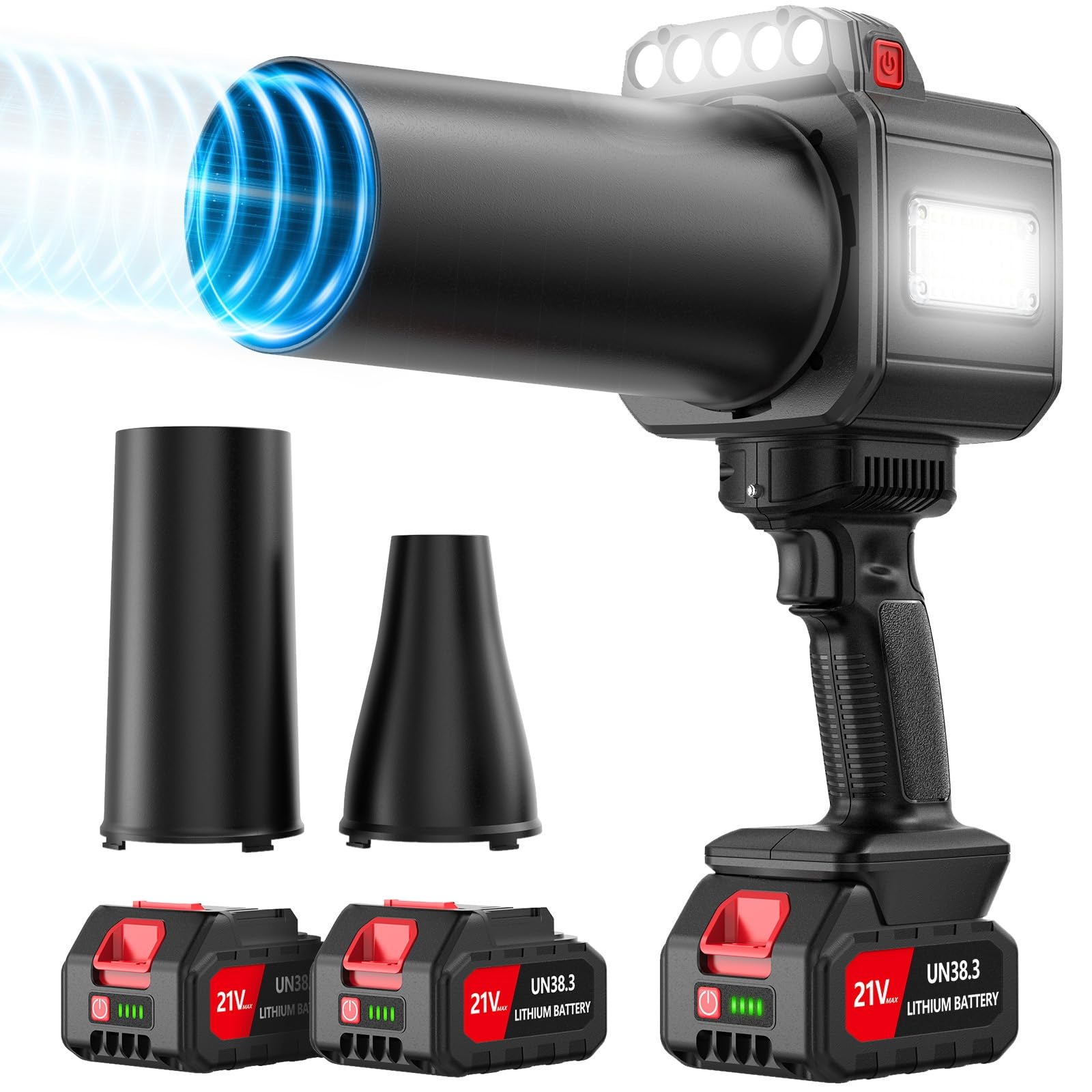 DEGGE Soplador turbo sin escobillas, soplador de hojas inalámbrico con luz de trabajo LED, dos boquillas intercambiables, soplador de hojas de mano para cuidado del césped, limpieza de patio, polvo de