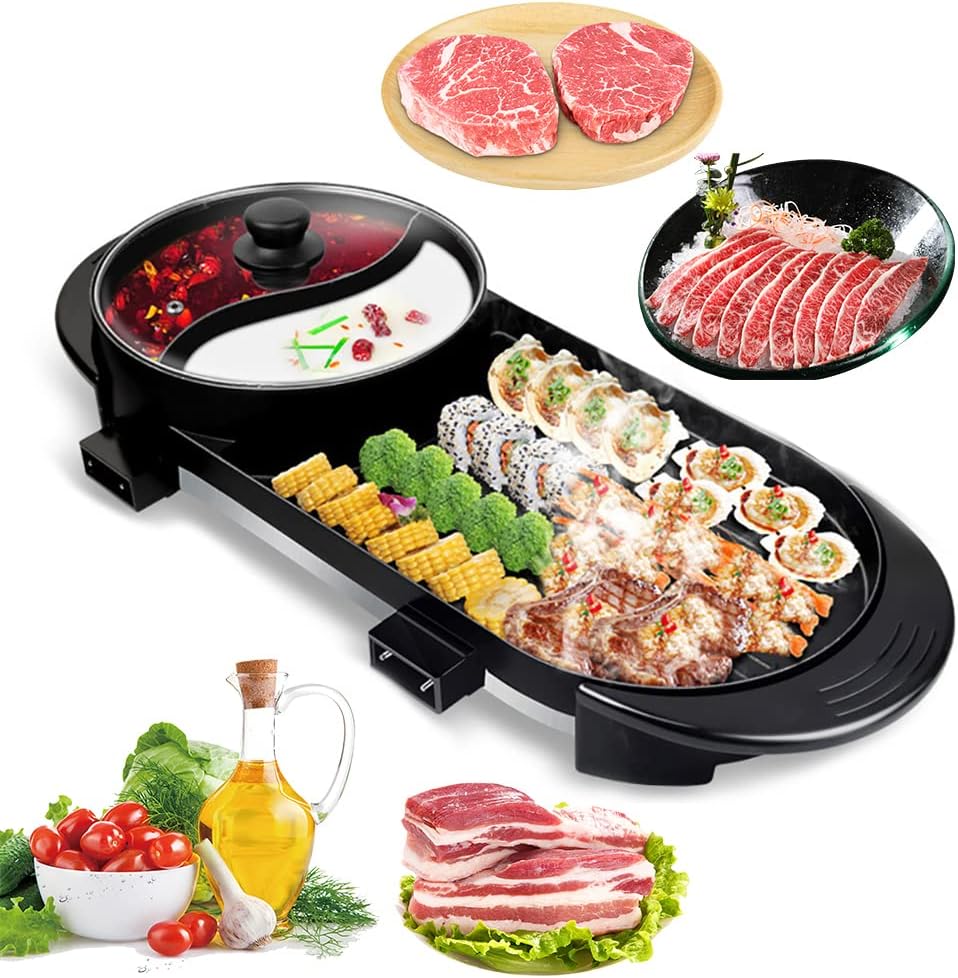 Electric Grill Hot Pot 2 in 1, Indoor Smokeless Grill Teppanyaki Grill w/Non-Stick Pan Shabu Shabu with Divider Separate Dual Temperature Control Double-flavor Hot Pot Capacity for 2-12 People 110V