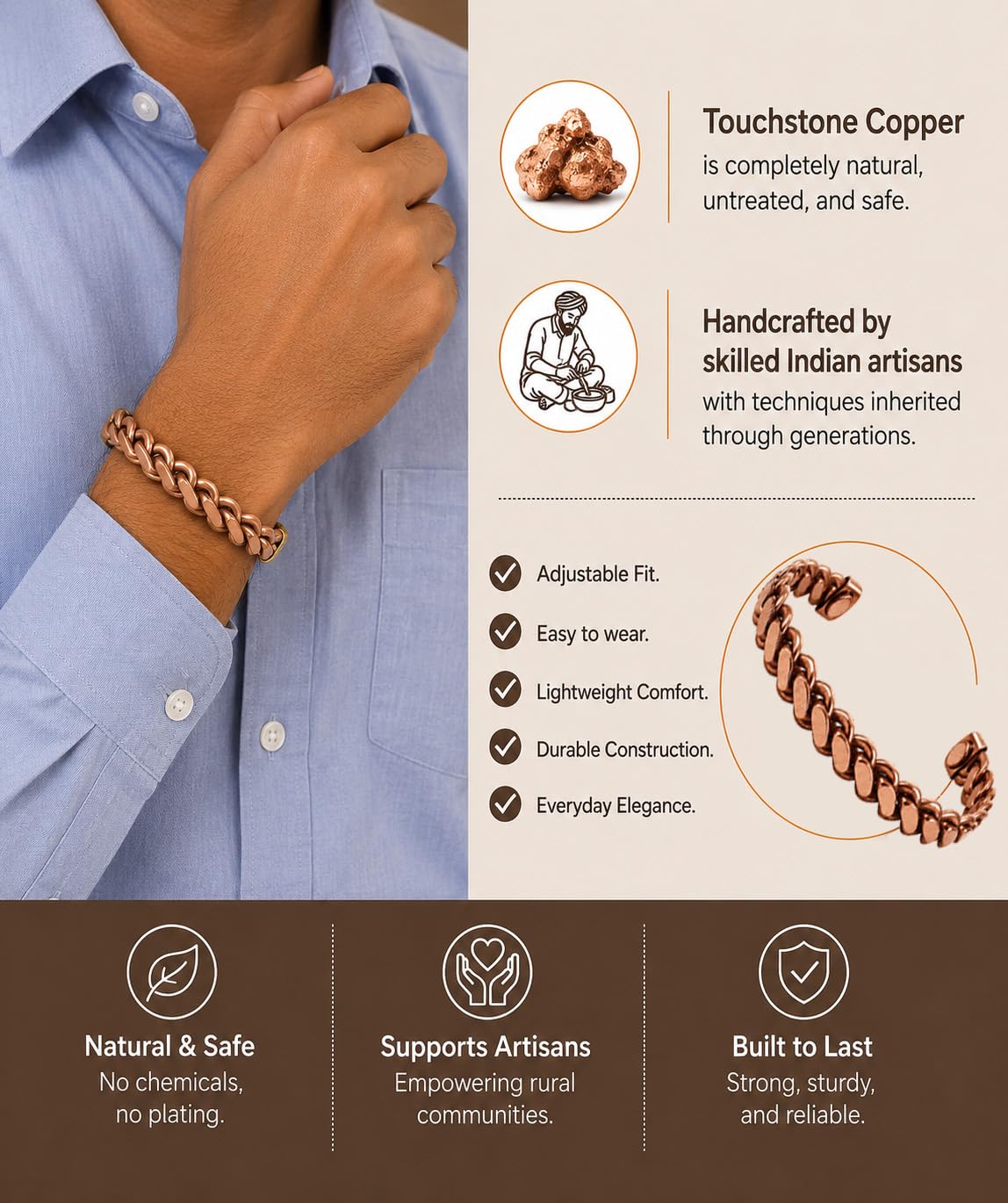 Touchstone Copper magnetic healing bracelet Tibetan style. Hand forged with solid and high gauge pure copper. Set of 3 different designs in 3 metals.