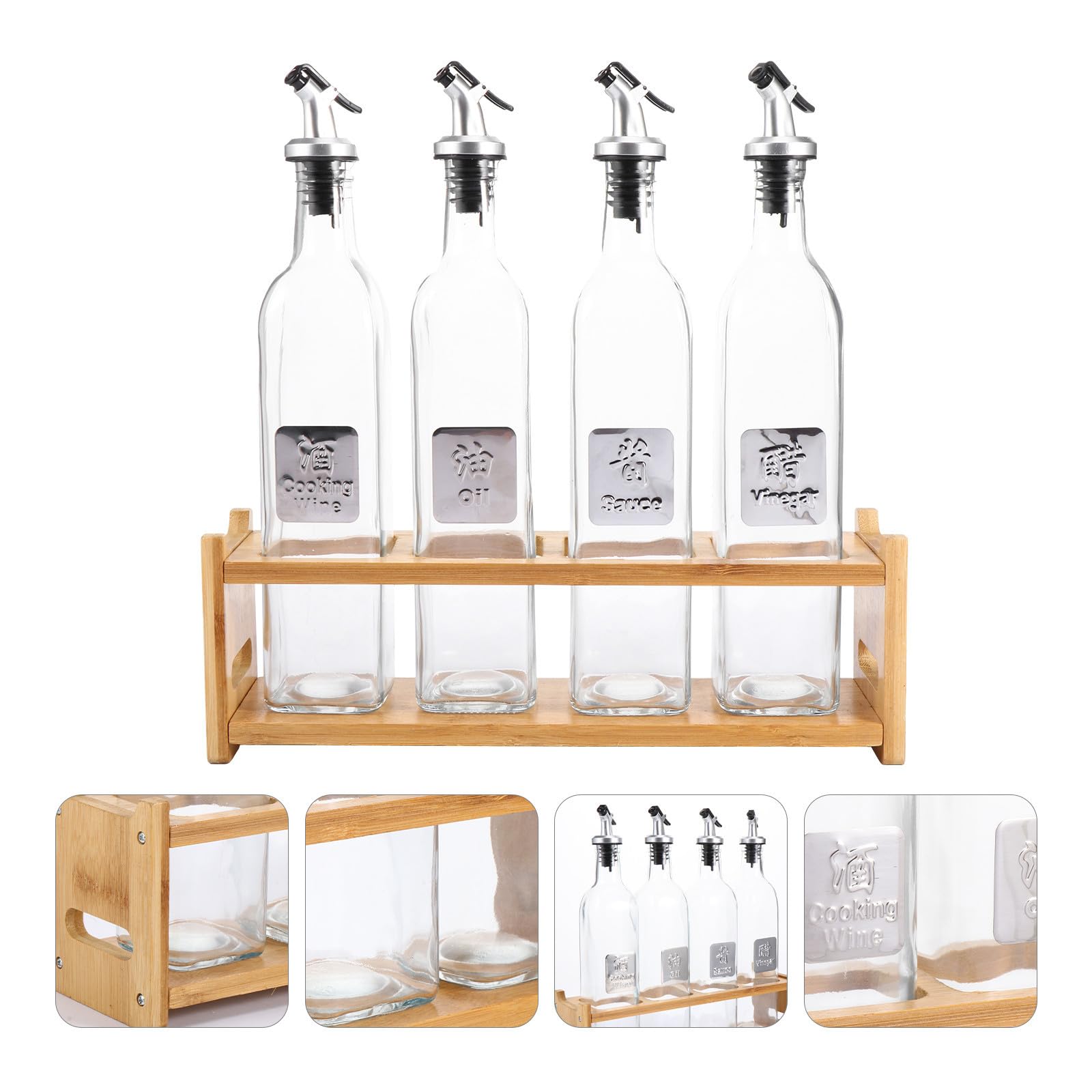 Ciieeo Ölflasche aus Glas und Edelstahl 500ml Auslaufsicher 5 Stück mit Holz Aufbewahrungsregal für Öl und Essig für Küche