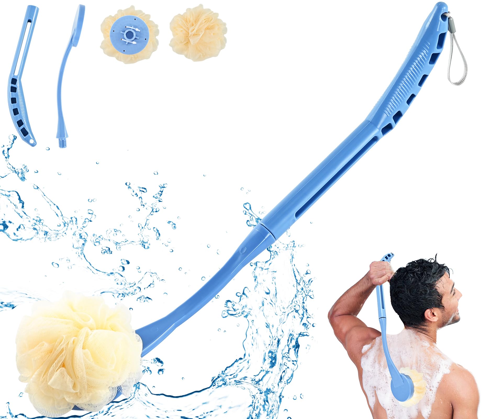 Loofah on a Stick, 20.5” Shower Sponge Loofah Back Scrubber, Exfoliation and Improved Skin Health, Back Loofah for Shower for Men Women（Blue）