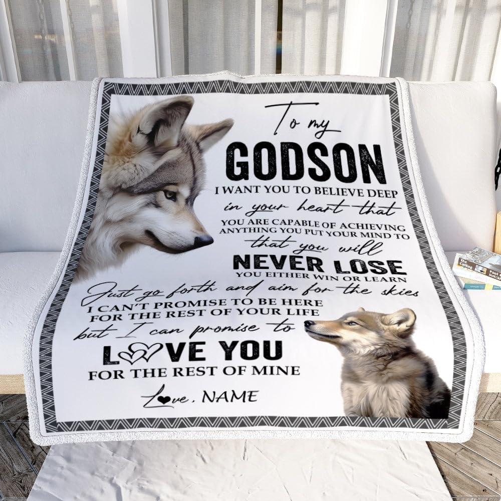 TeesNow Personalized to My Godson Blanket from Godmother Godfather You Will Never Lose Wolf Godson Birthday Graduation Christmas Customized Bed Quilt Fleece Blanket (50 x 60 in Youth Size)