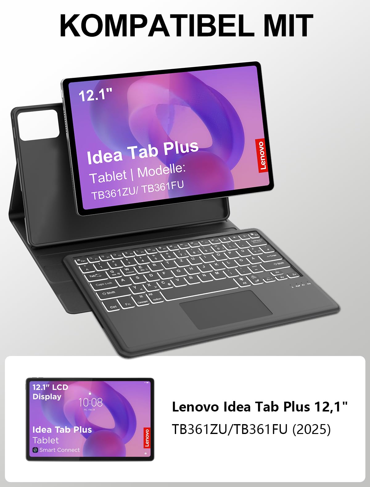JADEMALL Für Idea Tab Plus 12,1 Hülle mit Touchpad & Beleuchtung QWERTZ | Für Lenovo Idea Tab Plus Tastatur - Mit 7-Farben Beleuchtung & Touchpad, Premium Schutzhülle mit Tastatur, Schwarz