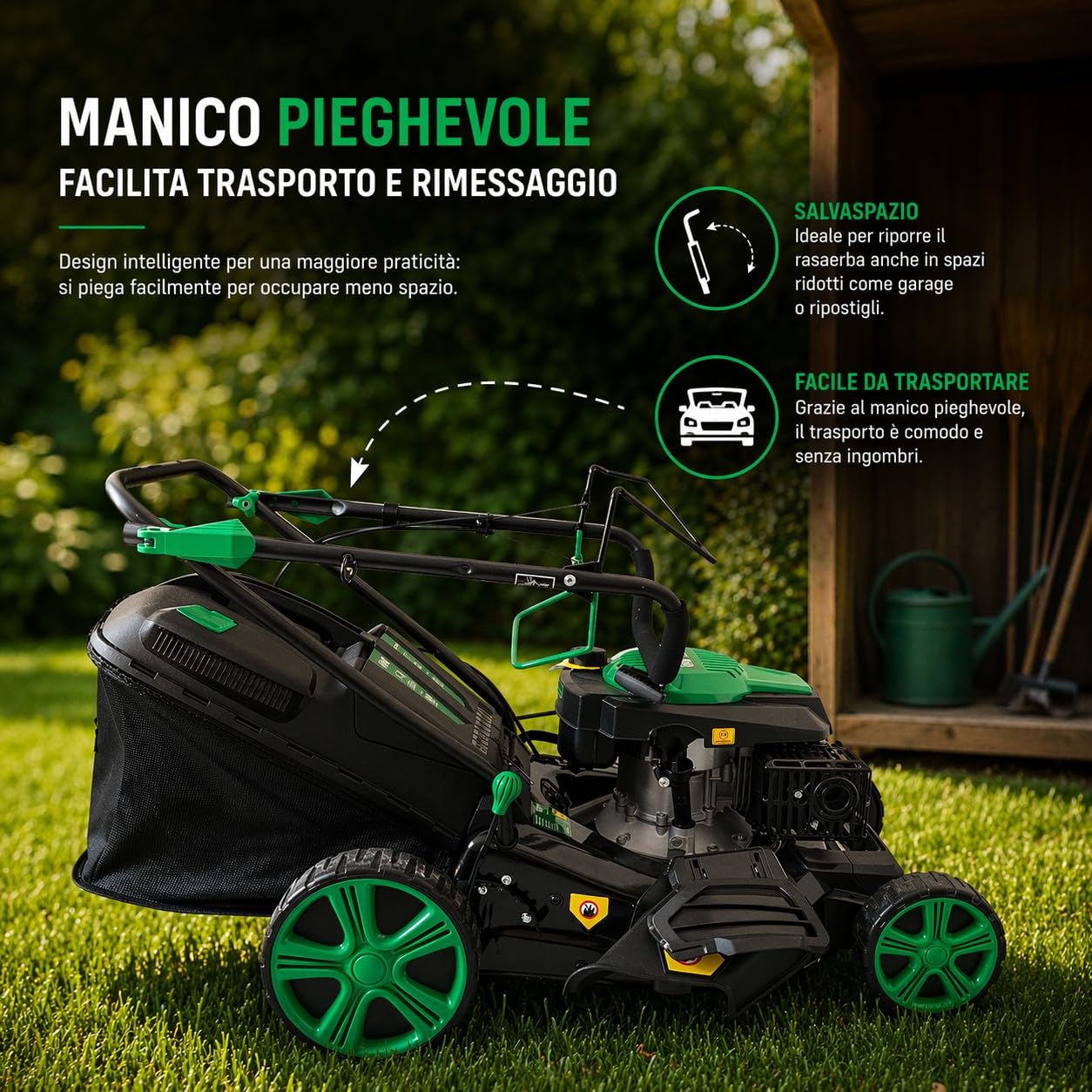 Tosaerba Rasaerba Semovente a Scoppio Motore 4 Tempi 146cc 3KW Taglio 46cm a Trazione 4 in 1 Mulching Raccolta Scarico Laterale Posteriore Regolazione Altezza di Taglio a 7 Livelli 25-70 mm Giardino