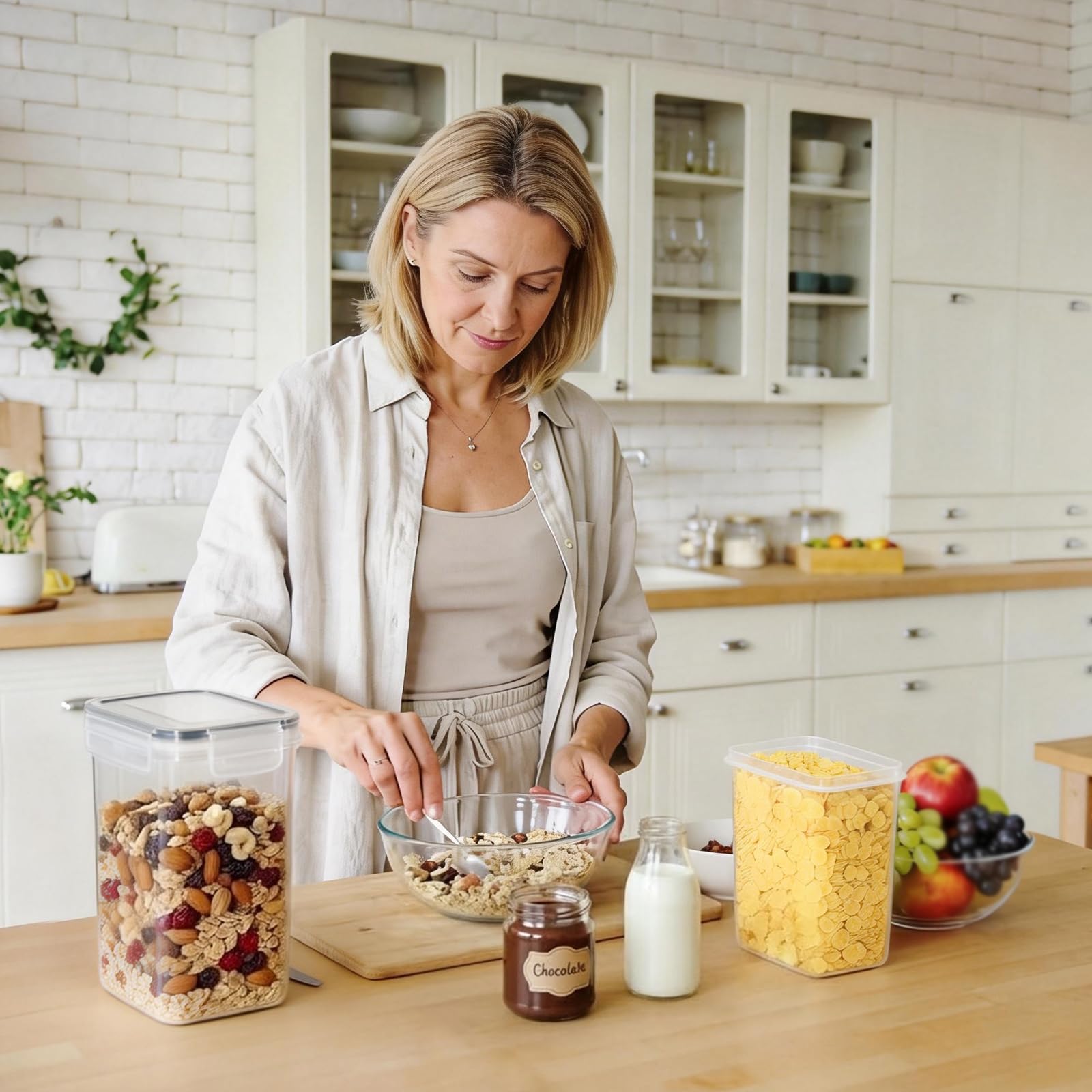 GoMaihe Lot de 24 bocaux hermétiques avec couvercles : bocaux de conservation avec étiquettes | Boîtes de rangement pour céréales, farine, corn flakes et sucre | Sans BPA | Compatible lave-vaisselle