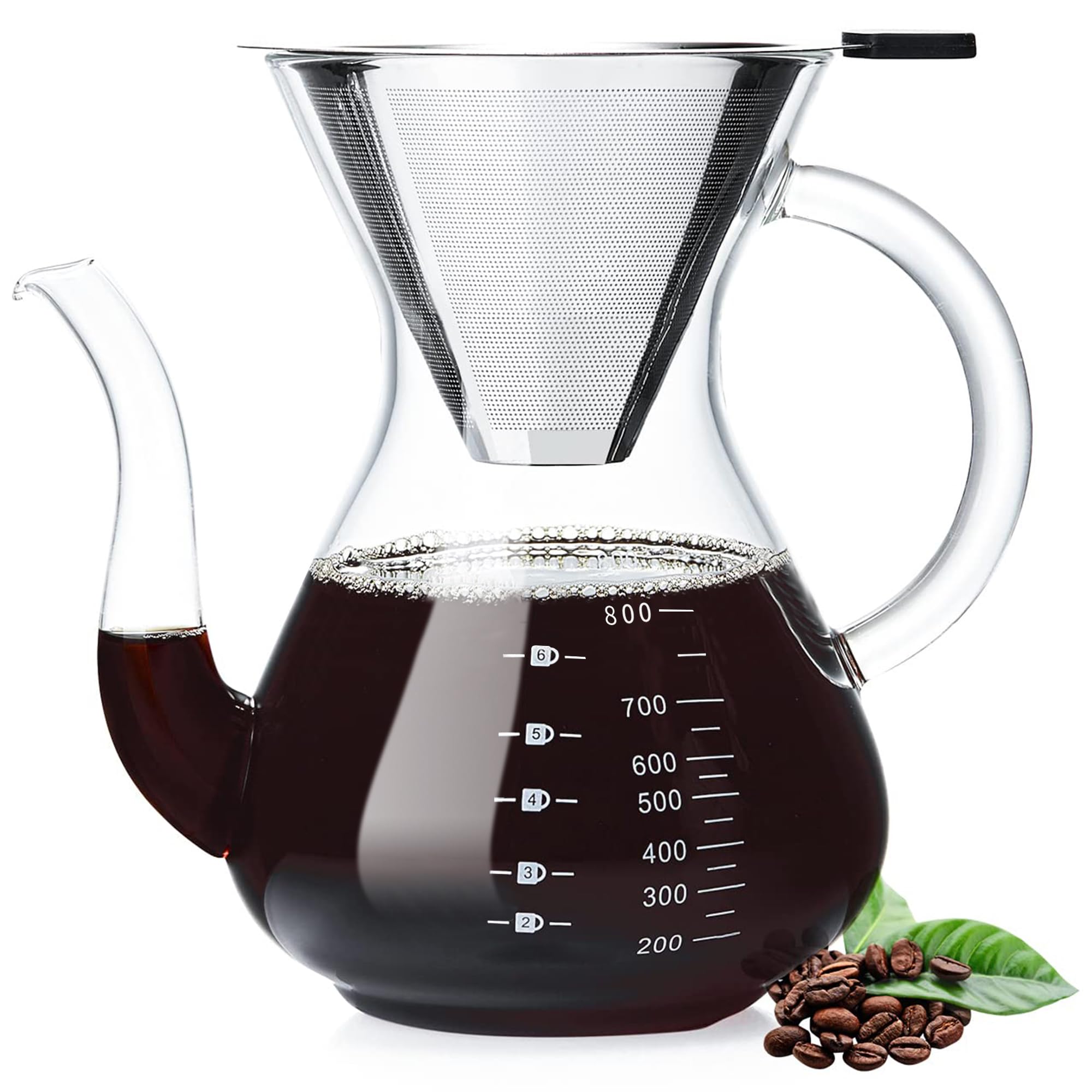 Unbreakable - Pour Over Coffee Maker with Double Stainless Filter 34 fl oz, Thickened Heat-Resistant Borosilicate Glass Pour Over Coffee Dripper, Stovetop Safe