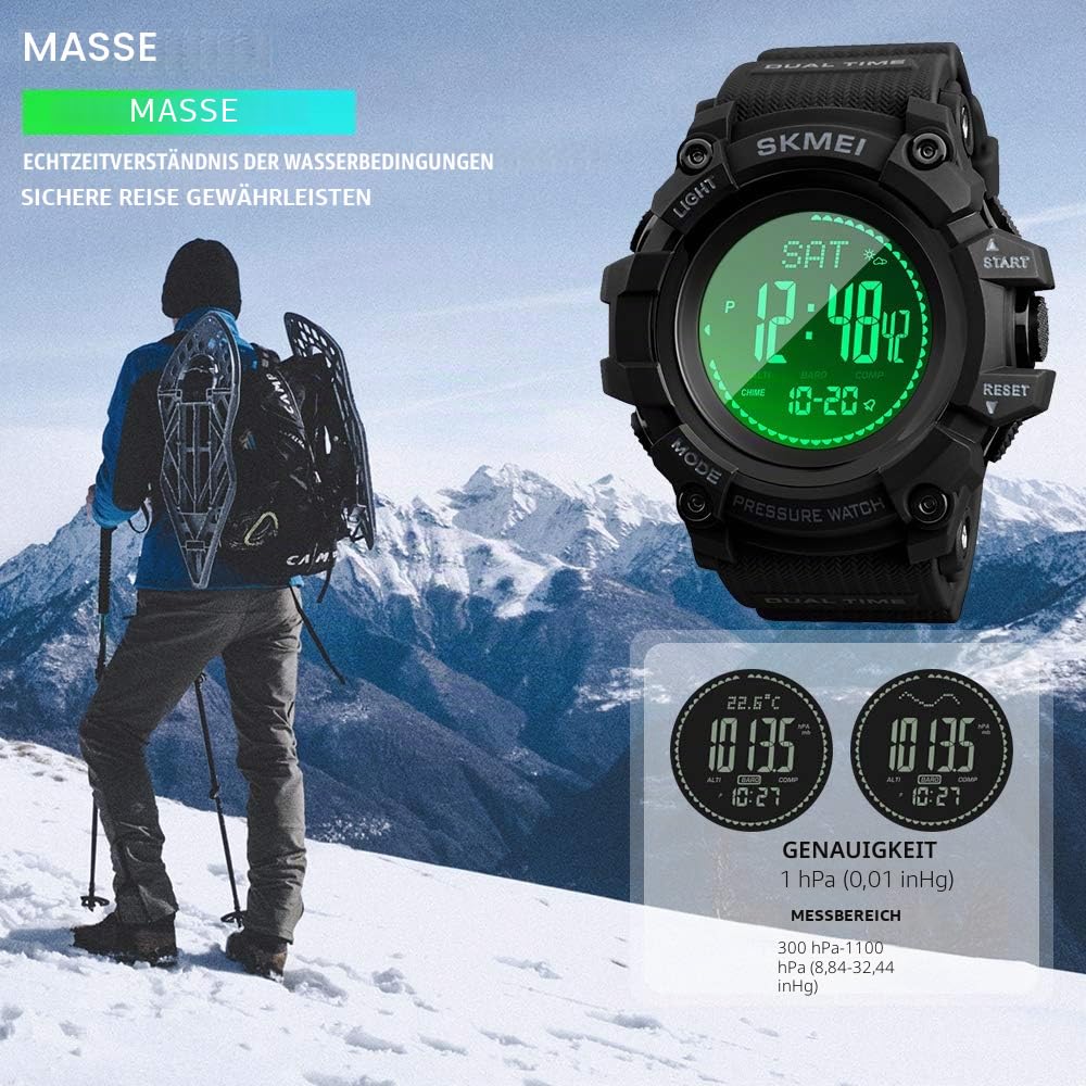 Digitale Herren-Sportuhr, wasserdicht, Militär-Armbanduhr mit Kompass, Schrittzähler, Höhenmesser, Barometer, Schwarz, 1.8 IN Diameter, Kleid