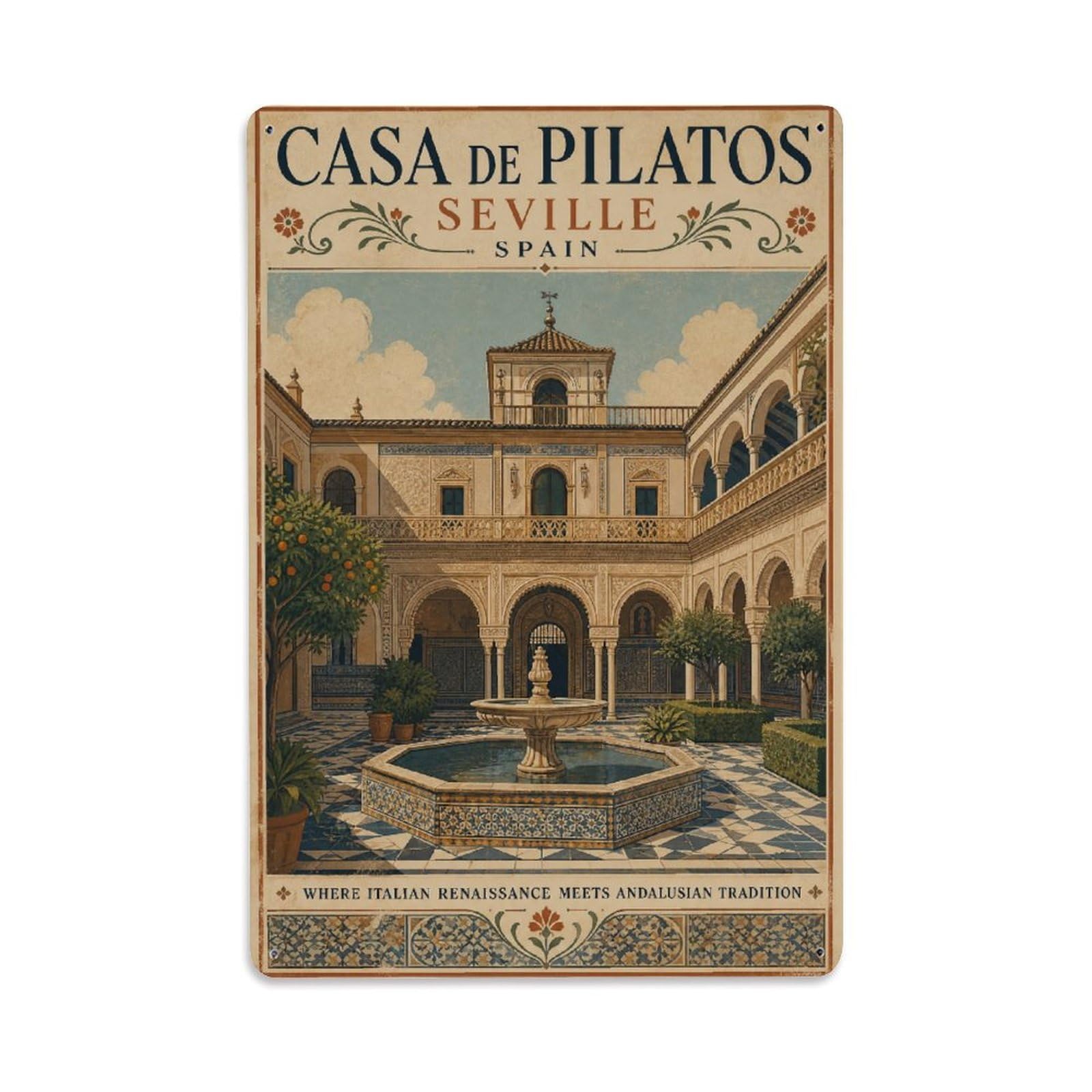 Huiyhb 8X12inch(20X30cm) Vintage Travel Casa Pilatos Seville Renaissance Palace Metal Tin Sign