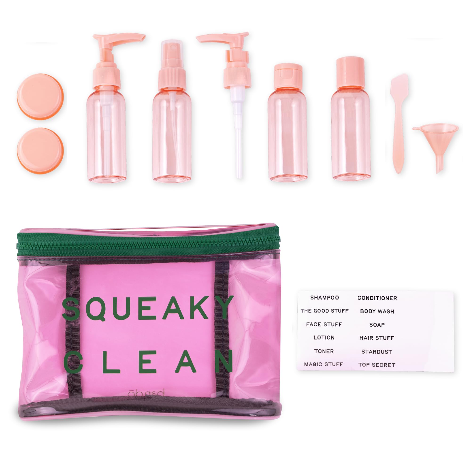 ban.do Travel Kit with 4 Plastic Bottles, 2 Pots, Label Sheet, Accessories, and PVC Zipper Pouch, Squeaky Clean