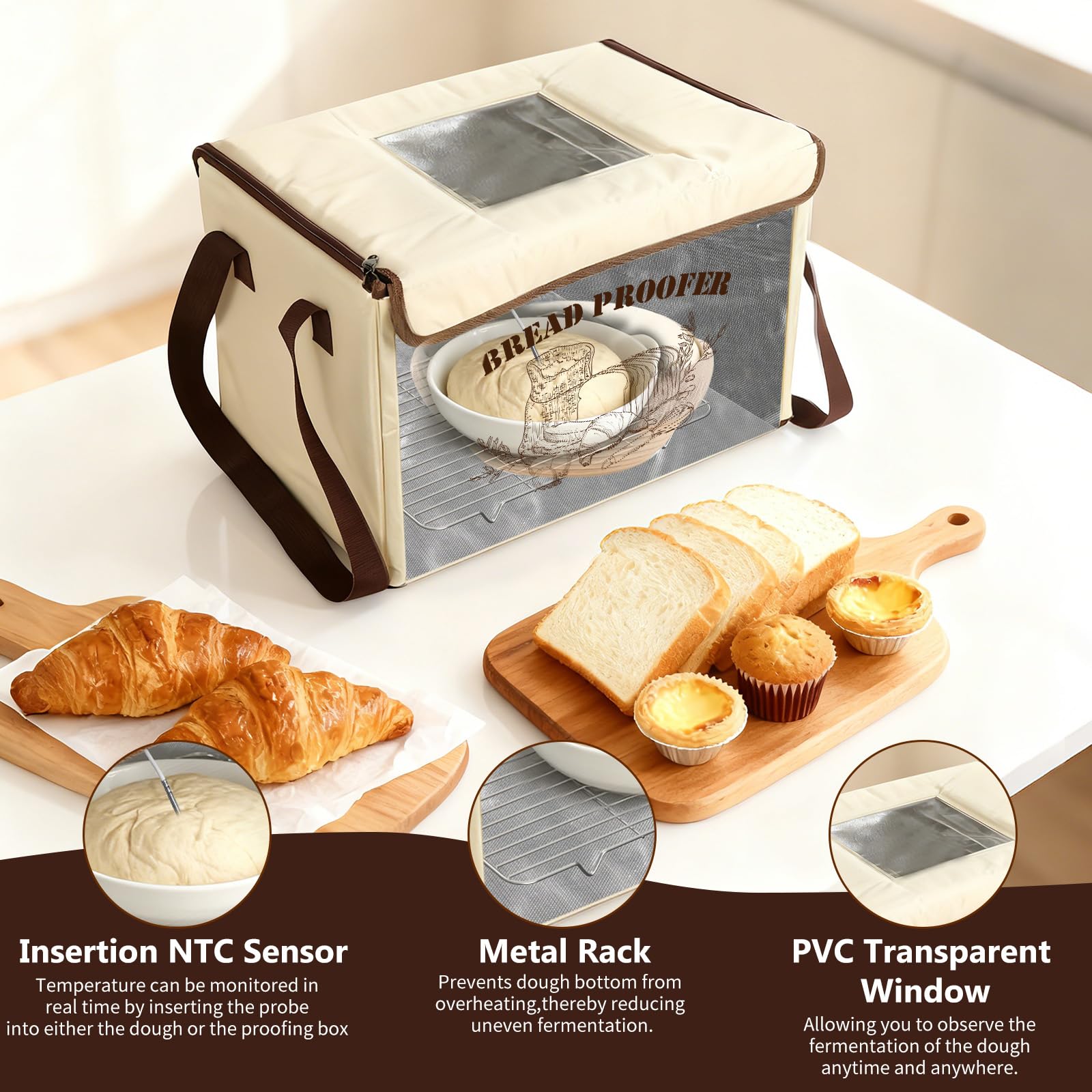 Brot Gärbox Sauerteig, Faltbare Gärbox mit Dreiseitige Oberflächen Heizung Temperaturregelung von 10–45 °C, 48H Timer Brot Gärschrank mit NTC-Sensor & Abkühlgitter für Sauerteig, Pizza, Joghurt