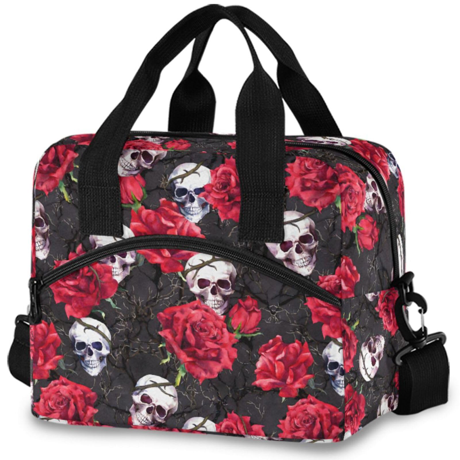 MNSRUU Sac à déjeuner isotherme réutilisable avec bandoulière réglable Motif crânes et roses