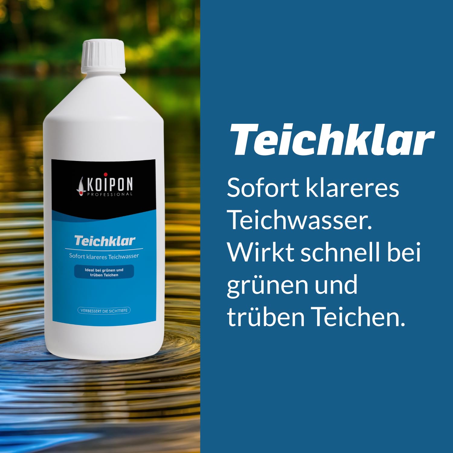 KOIPON Teichklar 1L Teichwasseraufbereiter für klares Teichwasser | Teichklärer gegen Schwebealgen, grünes und trübes Wasser | Reduziert Phosphat und Schwermetalle
