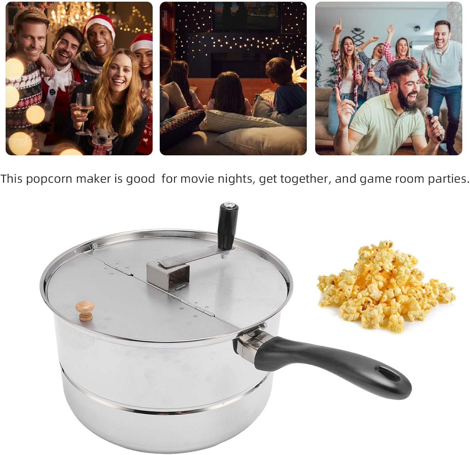 Stovetop Popcorn Maker, Stainless Steel Popcorn Popper with Hand Crank, 11x6.5inch Popcorn Pot for Gas Stove Induction Cooker, Hand Operated Popcorn Maker