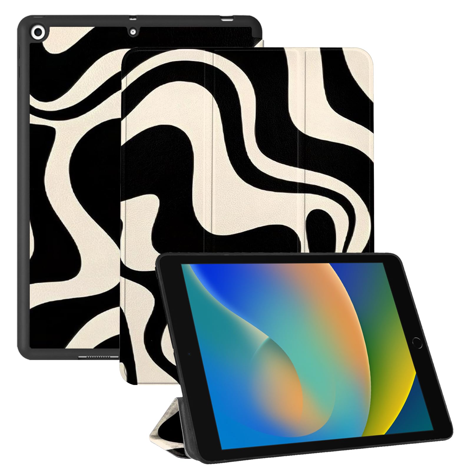 Cabreche Compatible with iPad 10.2 inch Case,9th /8th /7th Generation Case (2021/2020/2019) Hard PVC Back Case,Auto Sleep/Wake Cover,Abstract Art Aesthetic Preppy Women Girls Wave Wavy-Black Beige